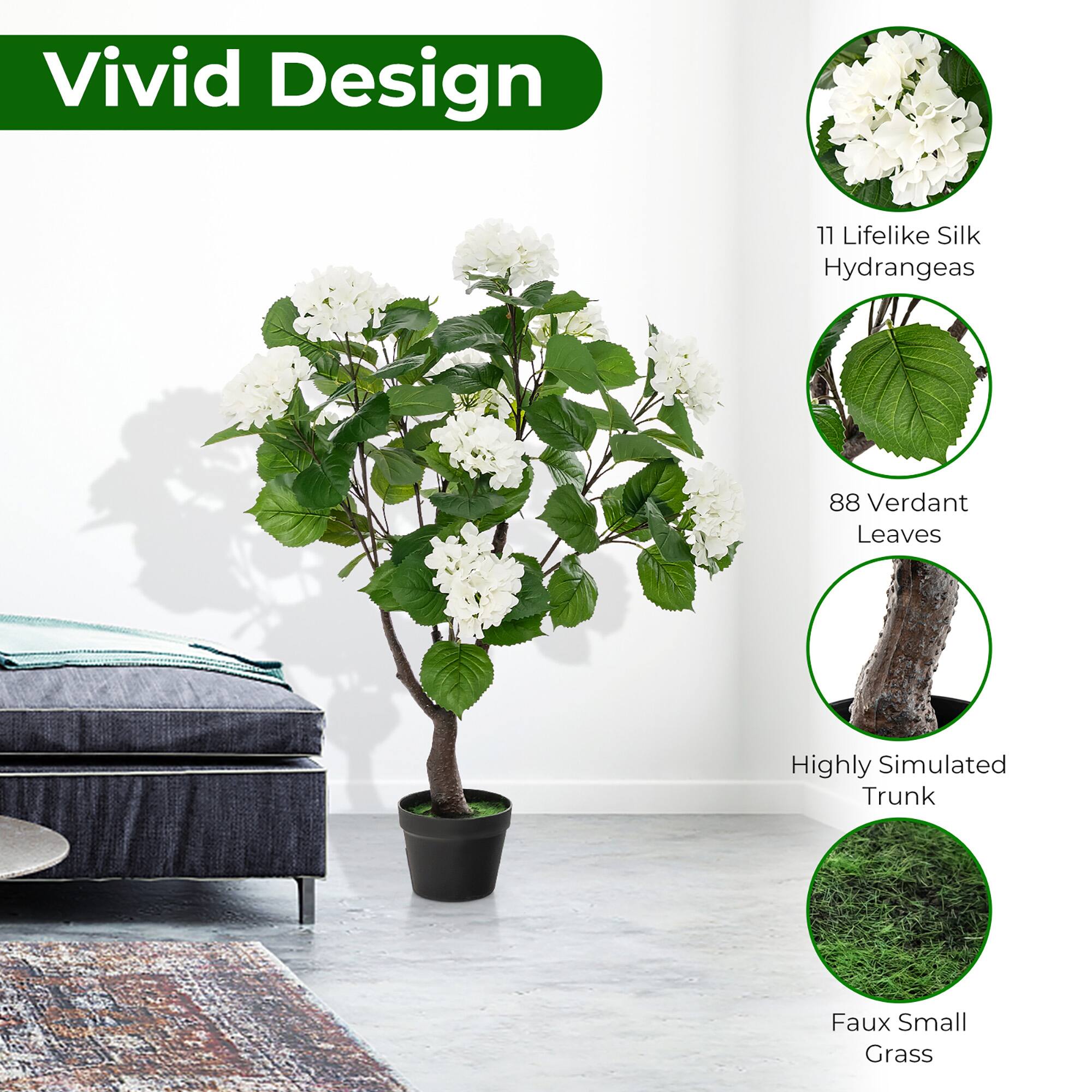 Vivid Design

- 11 Lifelike Silk Hydrangeas
- 88 Verdant Leaves
- Highly Simulated Trunk
- Faux Small Grass