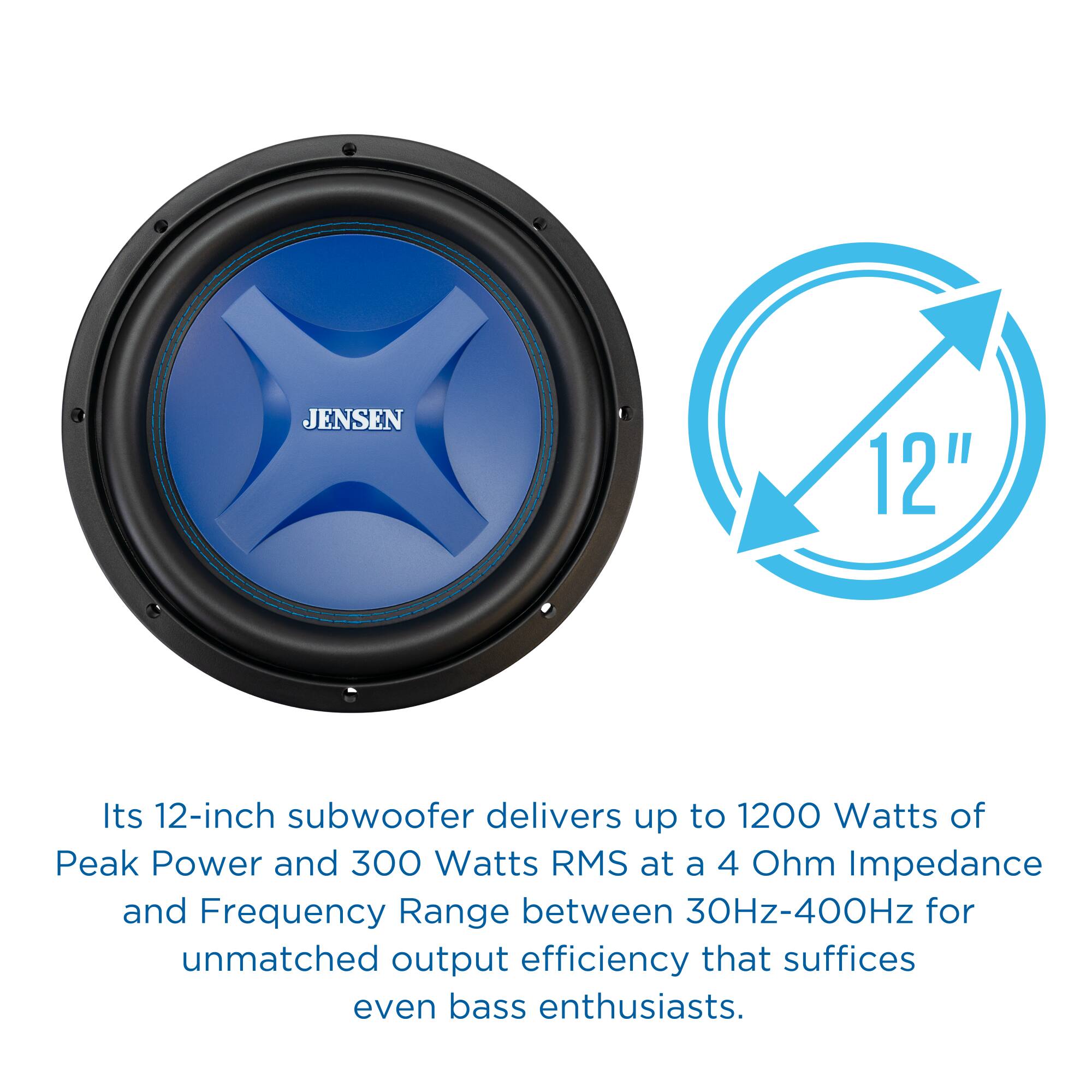 JENSEN  
12"  
Its 12-inch subwoofer delivers up to 1200 Watts of Peak Power and 300 Watts RMS at a 4 Ohm Impedance and Frequency Range between 30Hz-400Hz for unmatched output efficiency that suffices even bass enthusiasts.