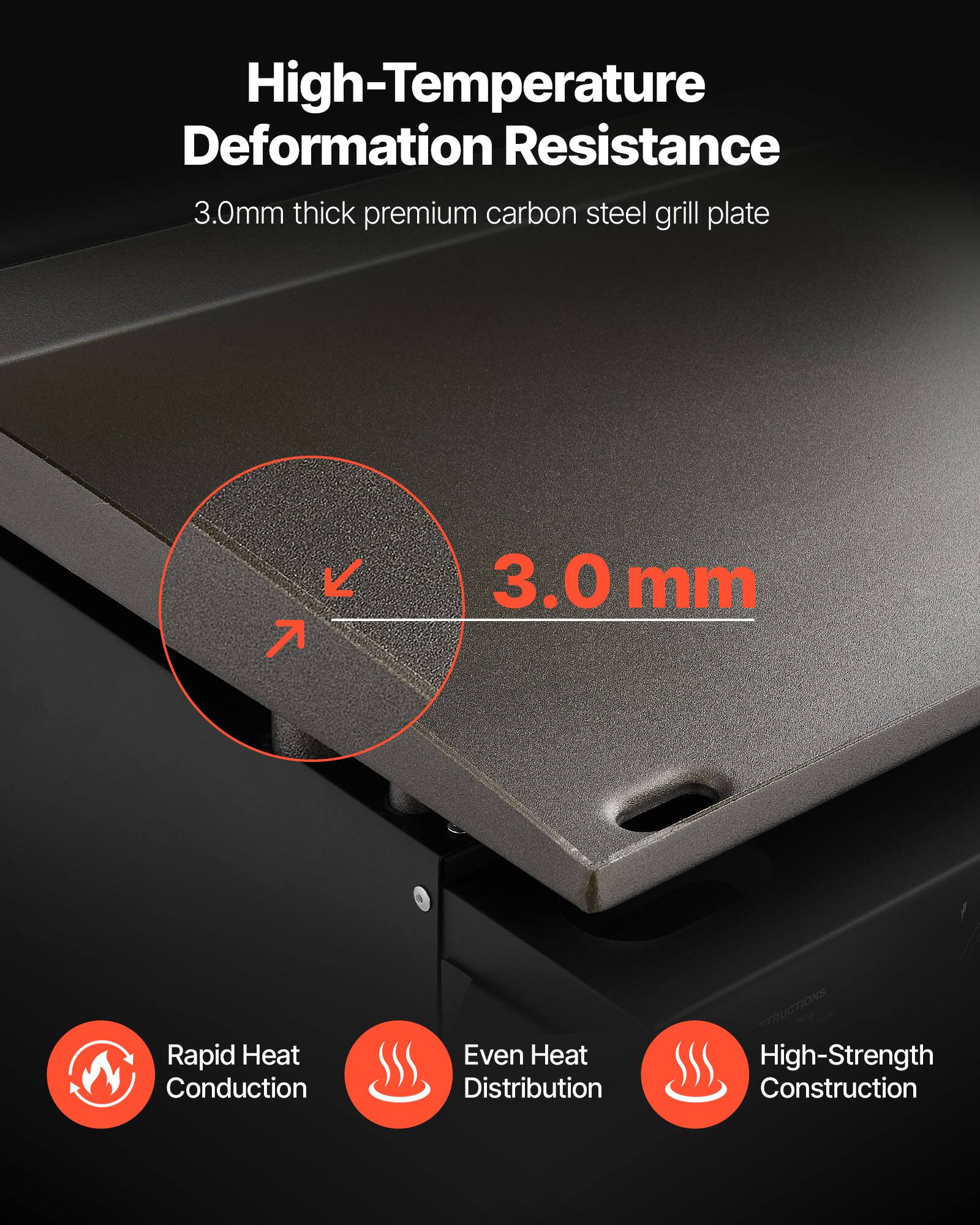 High-Temperature Deformation Resistance  
3.0mm thick premium carbon steel grill plate  

- Rapid Heat Conduction  
- Even Heat Distribution  
- High-Strength Construction