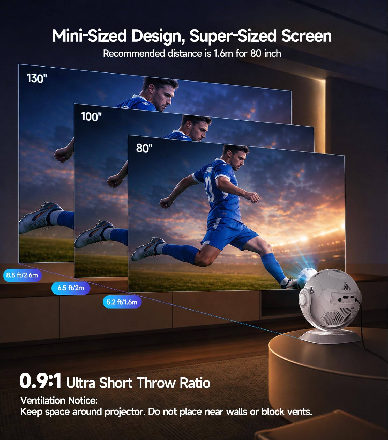 Mini-Sized Design, Super-Sized Screen  
Recommended distance is 1.6m for 80 inch

130"  
100"  
80"  
8.5 ft/2.6m  
6.5 ft/2m  
5.2 ft/1.6m  

0.9:1 Ultra Short Throw Ratio  
Ventilation Notice: Keep space around projector. Do not place near walls or block vents.
