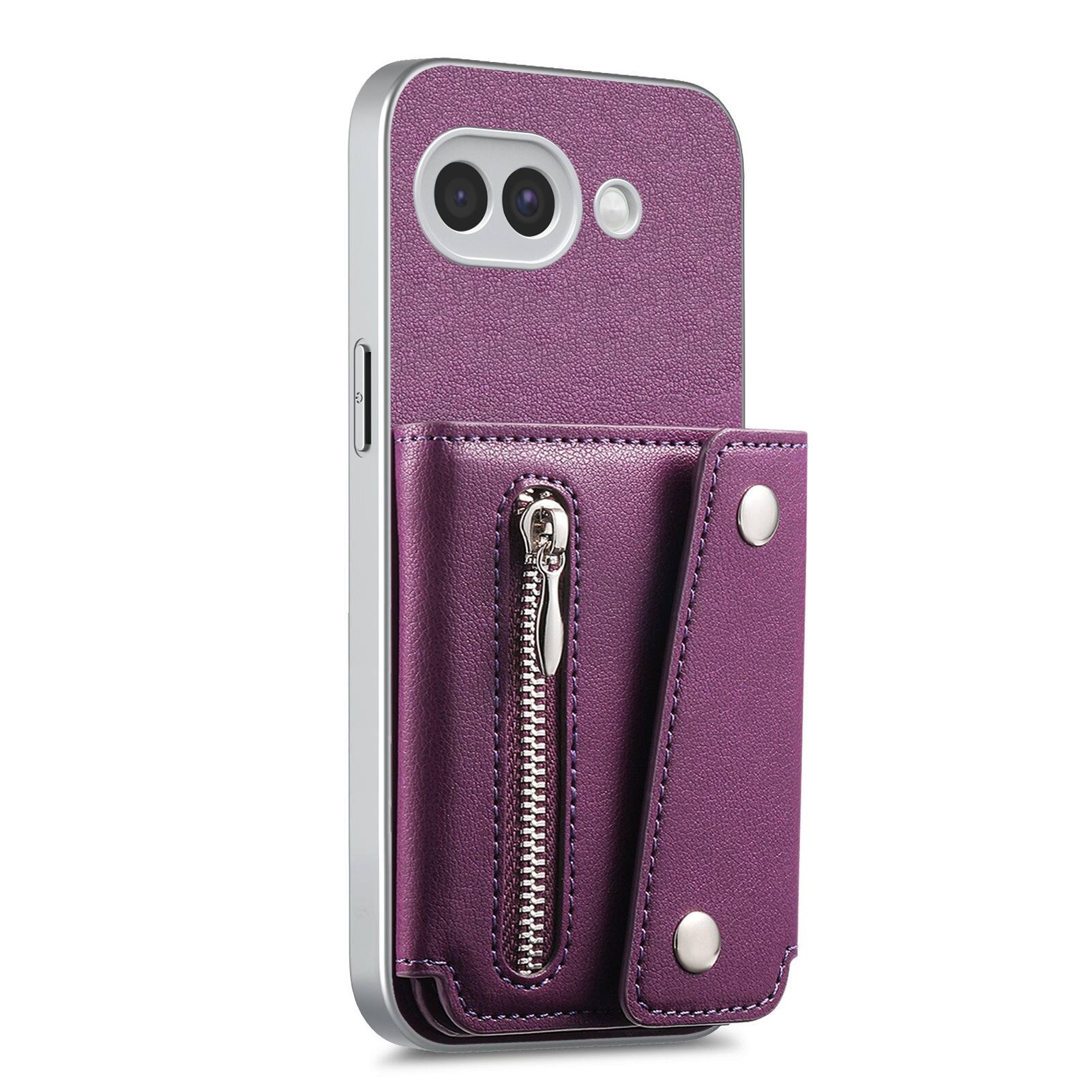 Angle. Dteck - PU Leather Wallet Case for Google Pixel 10a, Shockproof Kickstand Phone Cover with Card Slots and Zipper Pocket - Purple.