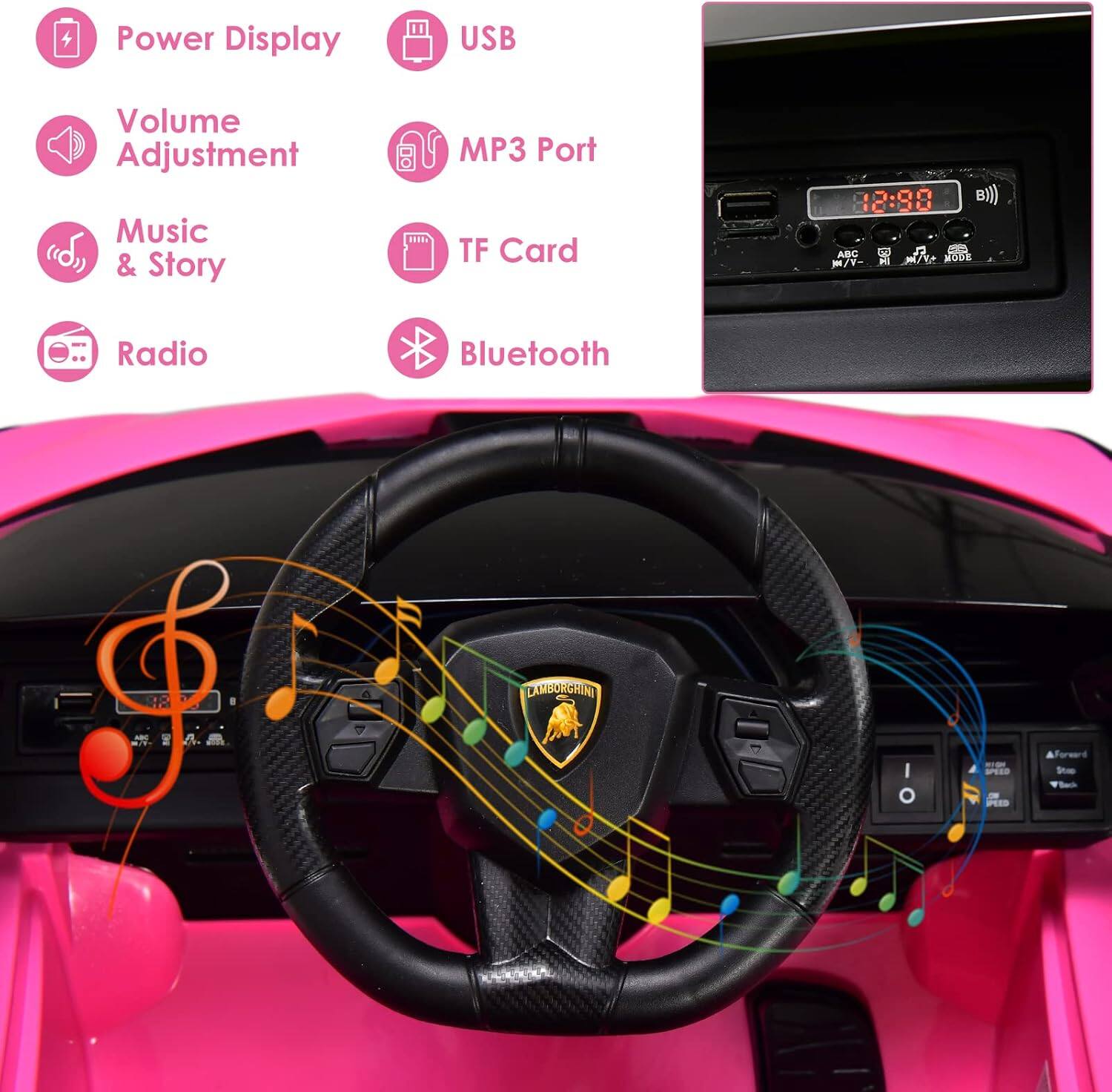 - Power Display
- USB
- Volume Adjustment
- MP3 Port
- Music & Story
- TF Card
- Radio
- Bluetooth

LAMBORGHINI

12:90

ABC 0 M M/V VA MOOE M/V Radio Bluetooth & - LAMBURCHINI I O SPERO Formart -oe