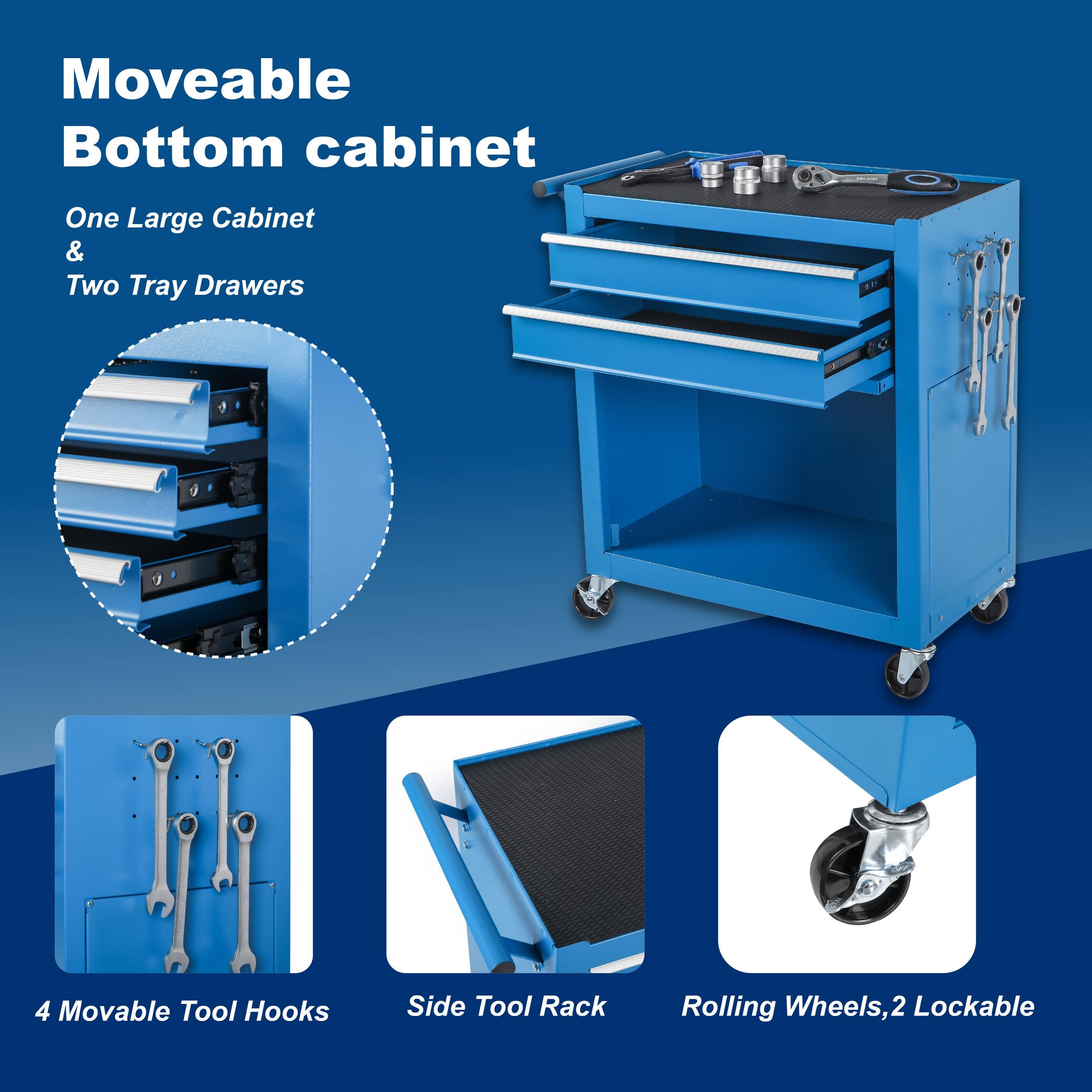 Moveable Bottom cabinet  
One Large Cabinet & Two Tray Drawers  
4 Movable Tool Hooks  
Side Tool Rack  
Rolling Wheels, 2 Lockable