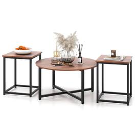 Gymax - Round Nesting Table Set of 3 Modern/Farmhouse Coffee Table w/2 End Tables Walnut & Black - Walnut, Black