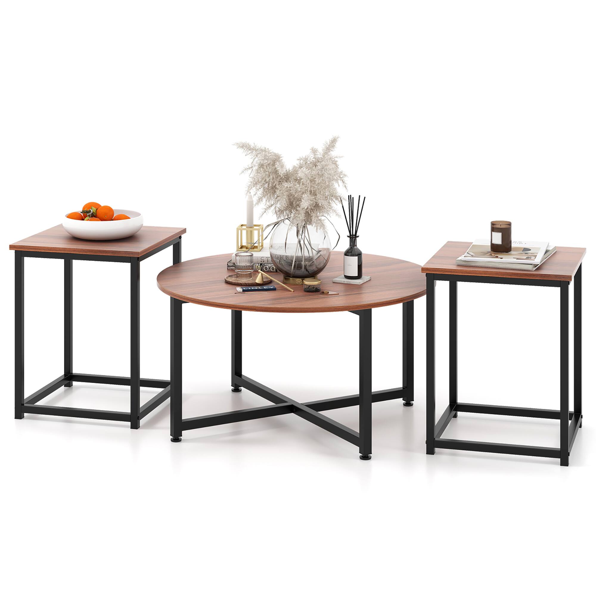 Front. Gymax - Gymax Round Nesting Table Set of 3 Modern/Farmhouse Coffee Table w/2 End Tables Walnut & Black - Walnut, Black.