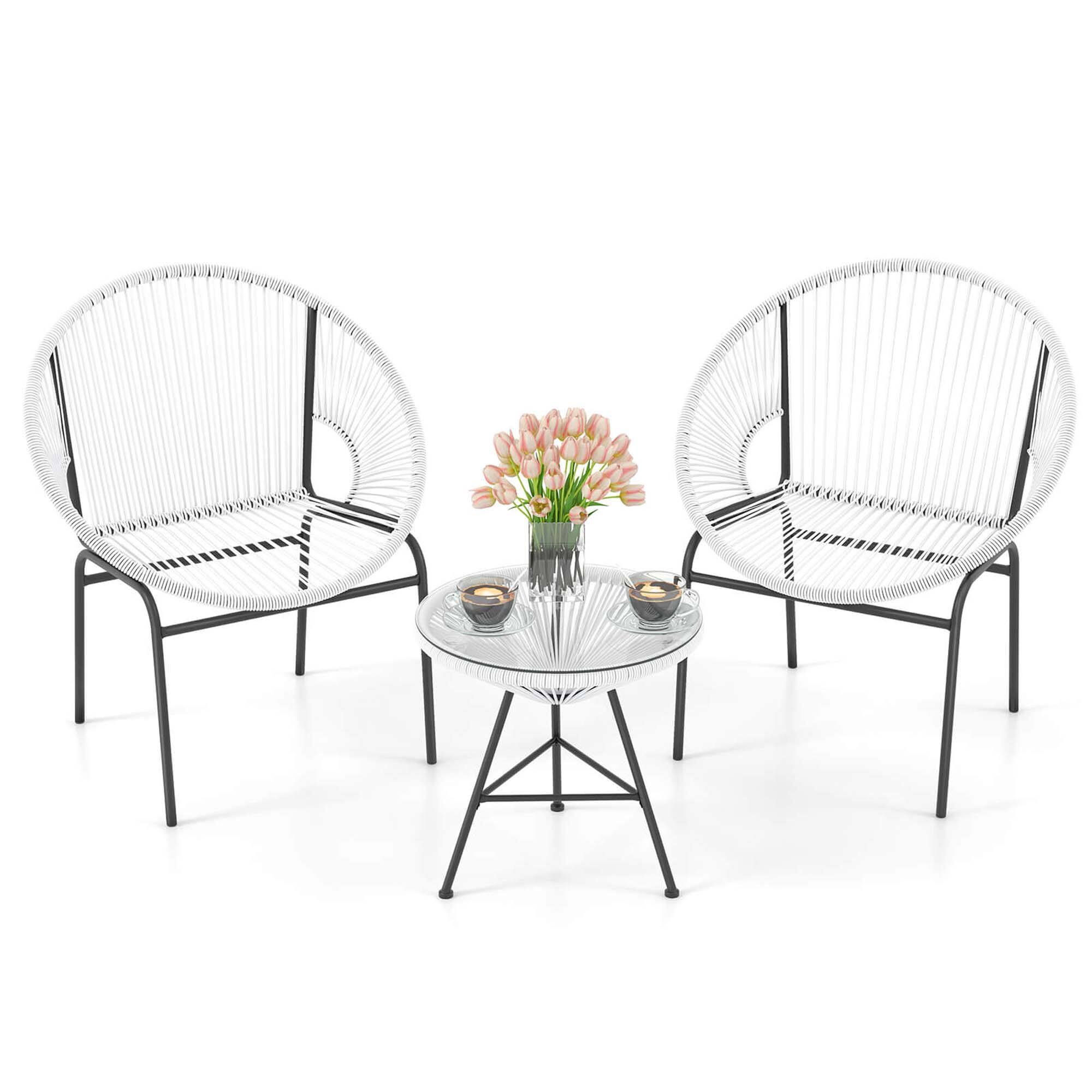 Front. Costway - 3 PCS Patio Acapulco Furniture Bistro Set Plastic Rope Glass Table - White.
