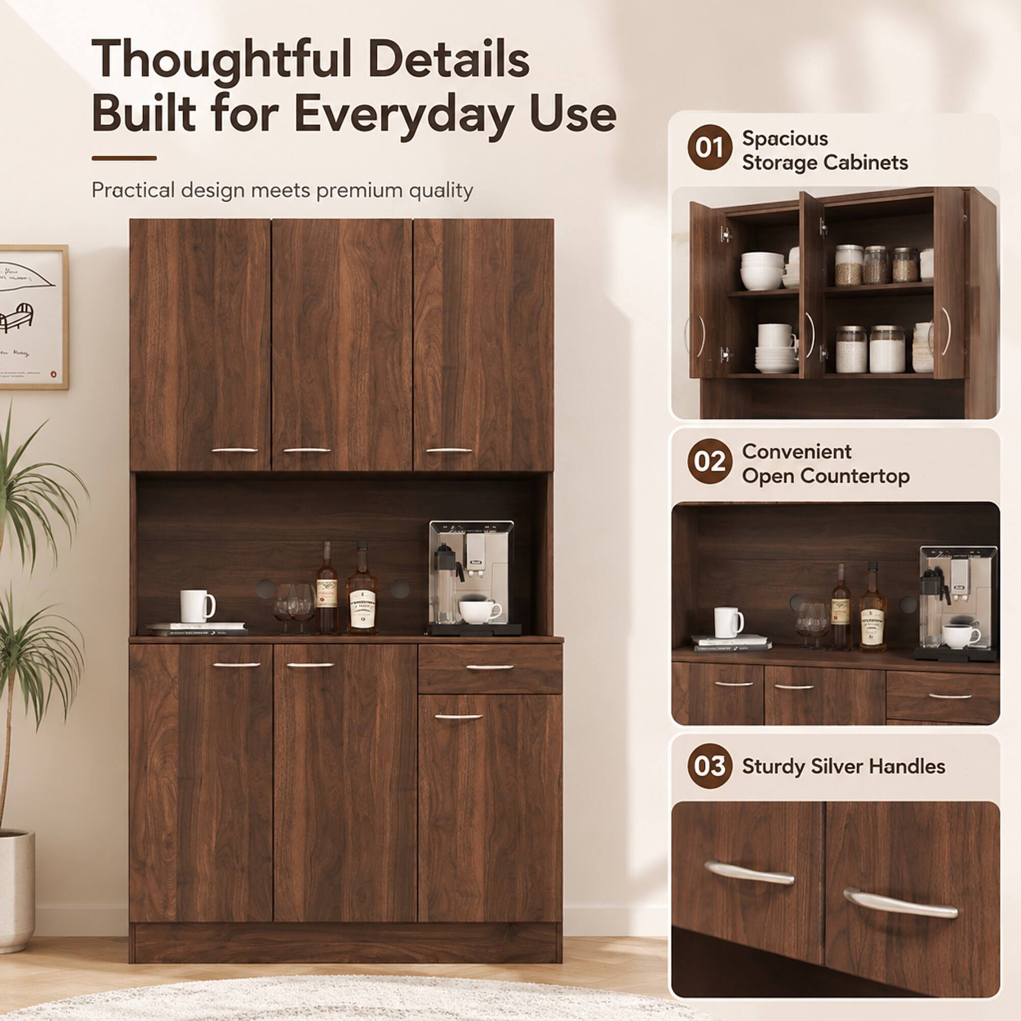 Thoughtful Details Built for Everyday Use  
Practical design meets premium quality

01 Spacious Storage Cabinets  
02 Convenient Open Countertop  
03 Sturdy Silver Handles