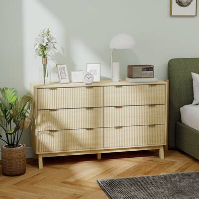 HOMCOM Fluted Dresser for Bedroom with 6 Drawers, 54" Wide Chest of Drawers with Gold Finger Pulls and 5 Wood Legs, Natural Wood HOMCOM Fluted Dresser for Bedroom with 6 Drawers, 54" Wide Chest of Drawers with Gold Finger Pulls and 5 Wood Legs, Natural Wood