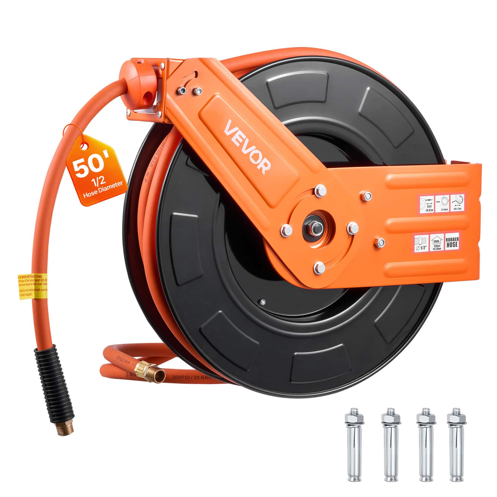 VEVOR - Retractable Air Hose Reel, 1/2 Inch x 50 FT Rubber Air Hose Max 300PSI, Auto Rewind Air-Compressor Hoses Reel - Orange + Black