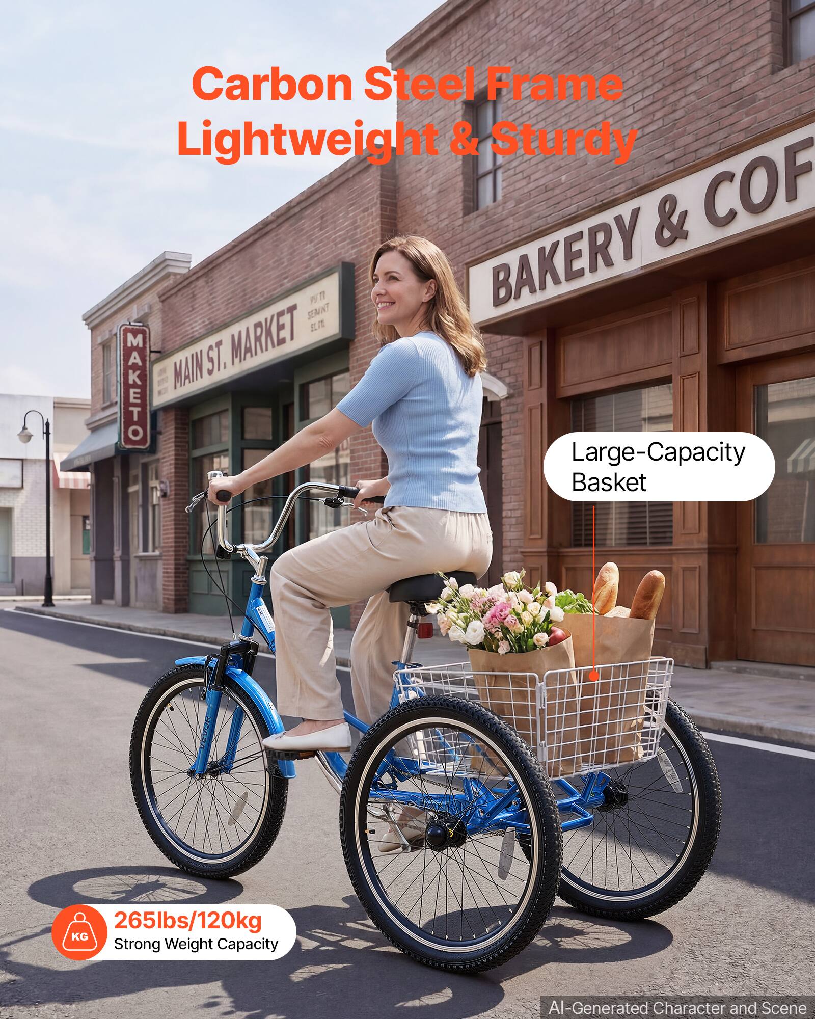 Carbon Steel Frame Lightweight & Sturdy

COF SEMINT PUTI BAKERY . MAIN ST. MARKET MAKETO

Large-Capacity Basket

265lbs/120kg KG Strong Weight Capacity

AI-Generated Character and Scene