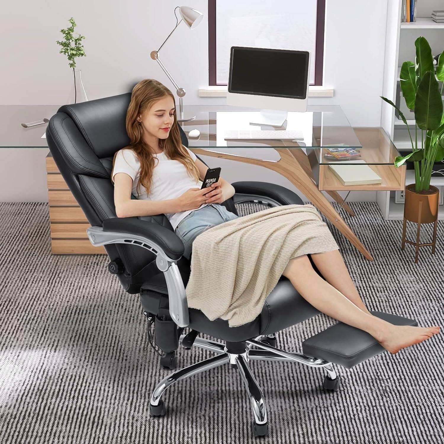 Alt View 5. U-HOMY - Ergonomic Office Chair with 2-Point Massage, Reclining Backrest, Lumbar Support, Footrest - Black.