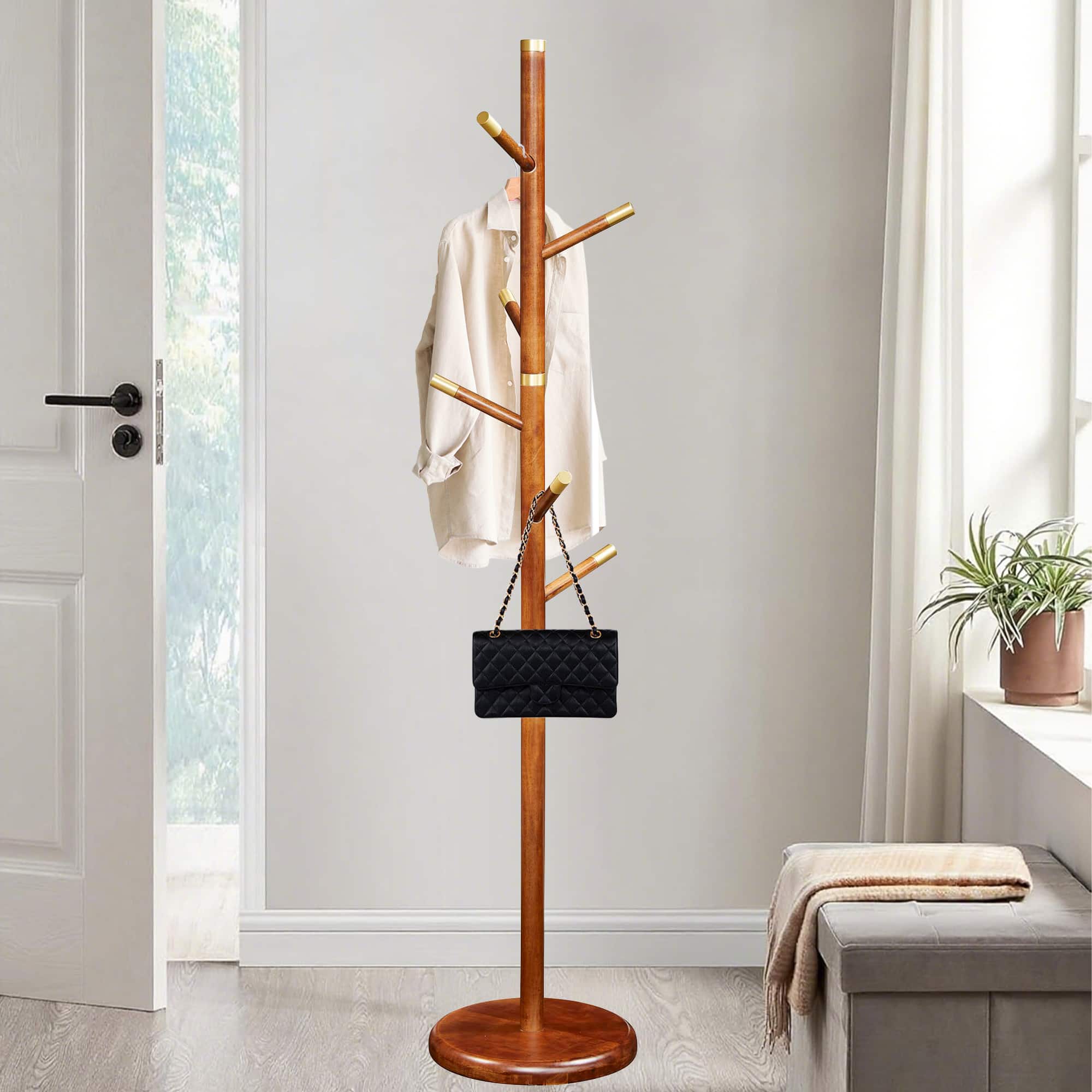 Chateau Abodes - Wood Coat Rack Freestanding with 6 Hooks, Tree Branch Design & Sturdy Base for Entryway, Hallway, Bedroom - Walnut