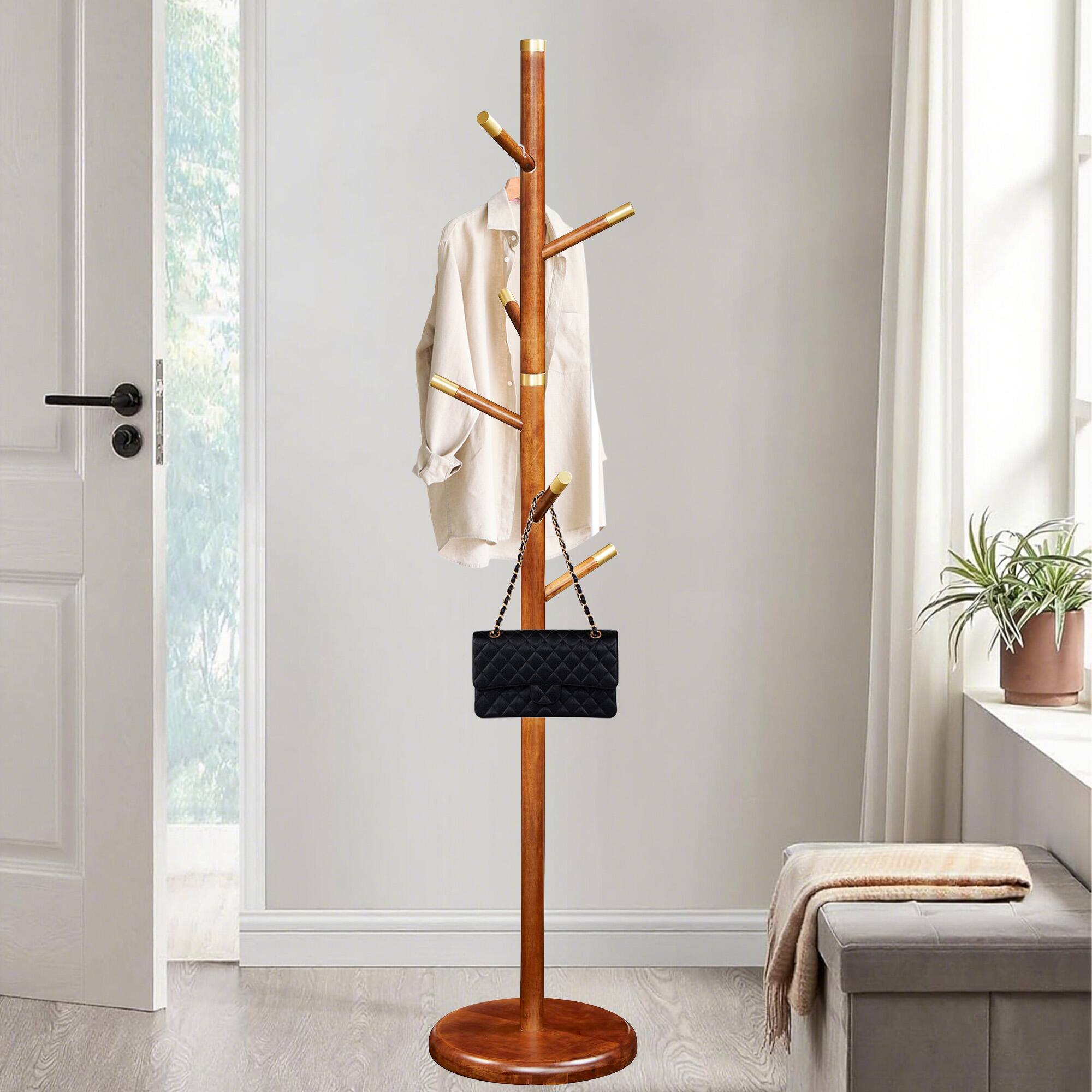 Front. Chateau Abodes - Wood Coat Rack Freestanding with 6 Hooks, Tree Branch Design & Sturdy Base for Entryway, Hallway, Bedroom - Walnut.