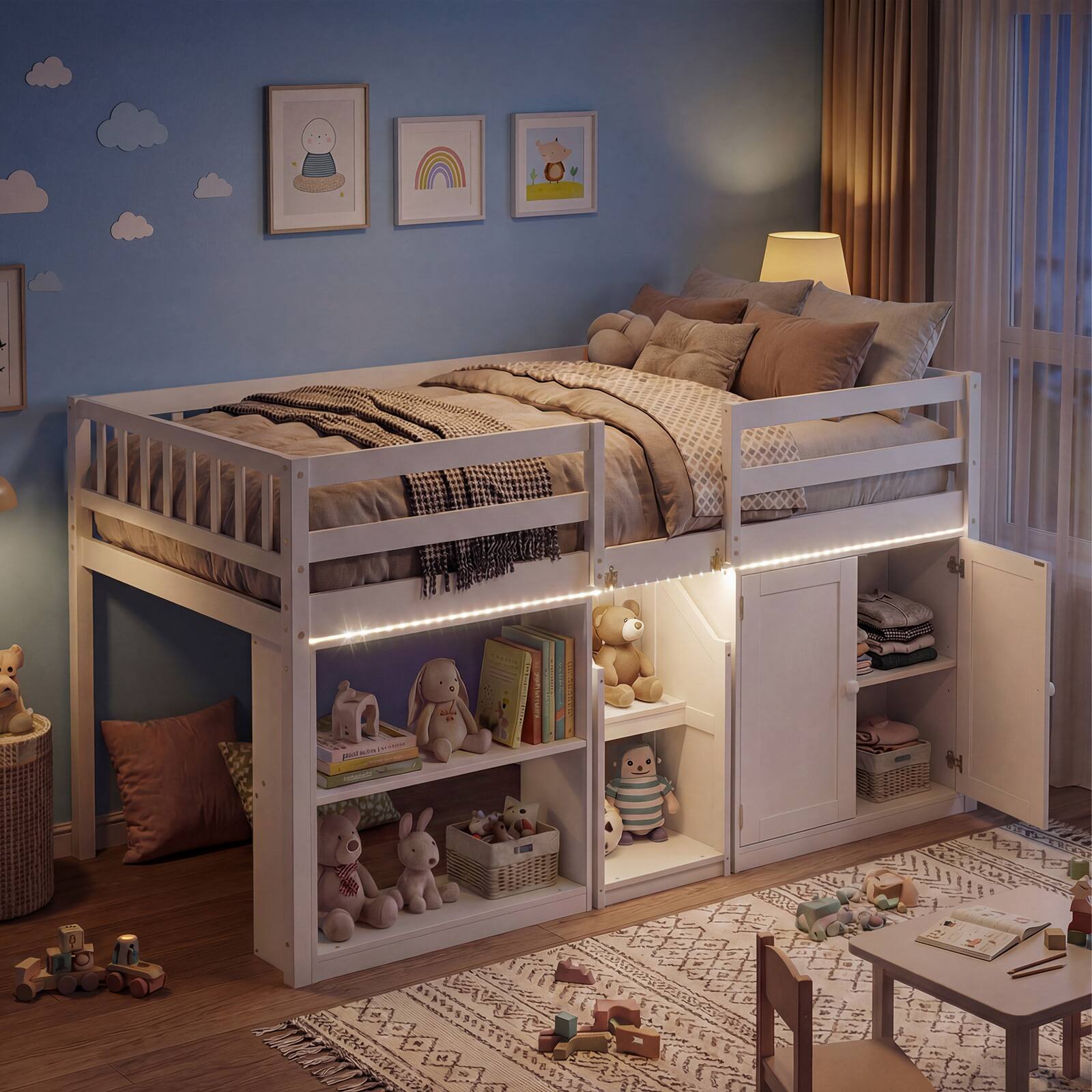 Alt View 5. Costway - Costway Low Loft Bed with LED Light, Stairs & Guardrails, Modern Wood Kids Twin Bed - White.