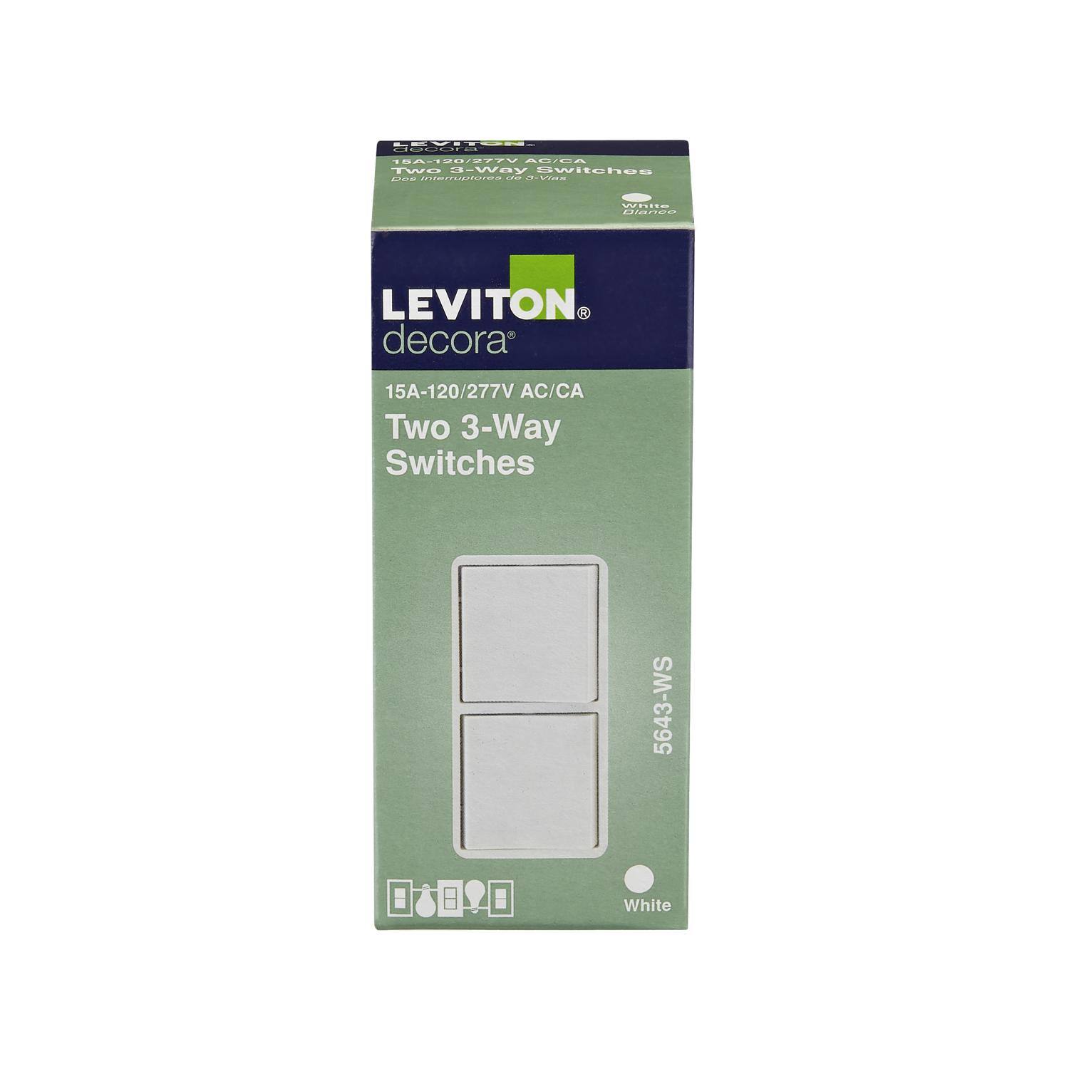 LEVITON decora  
15A-120/277V AC/CA  
Two 3-Way Switches  
5643-WS  
White