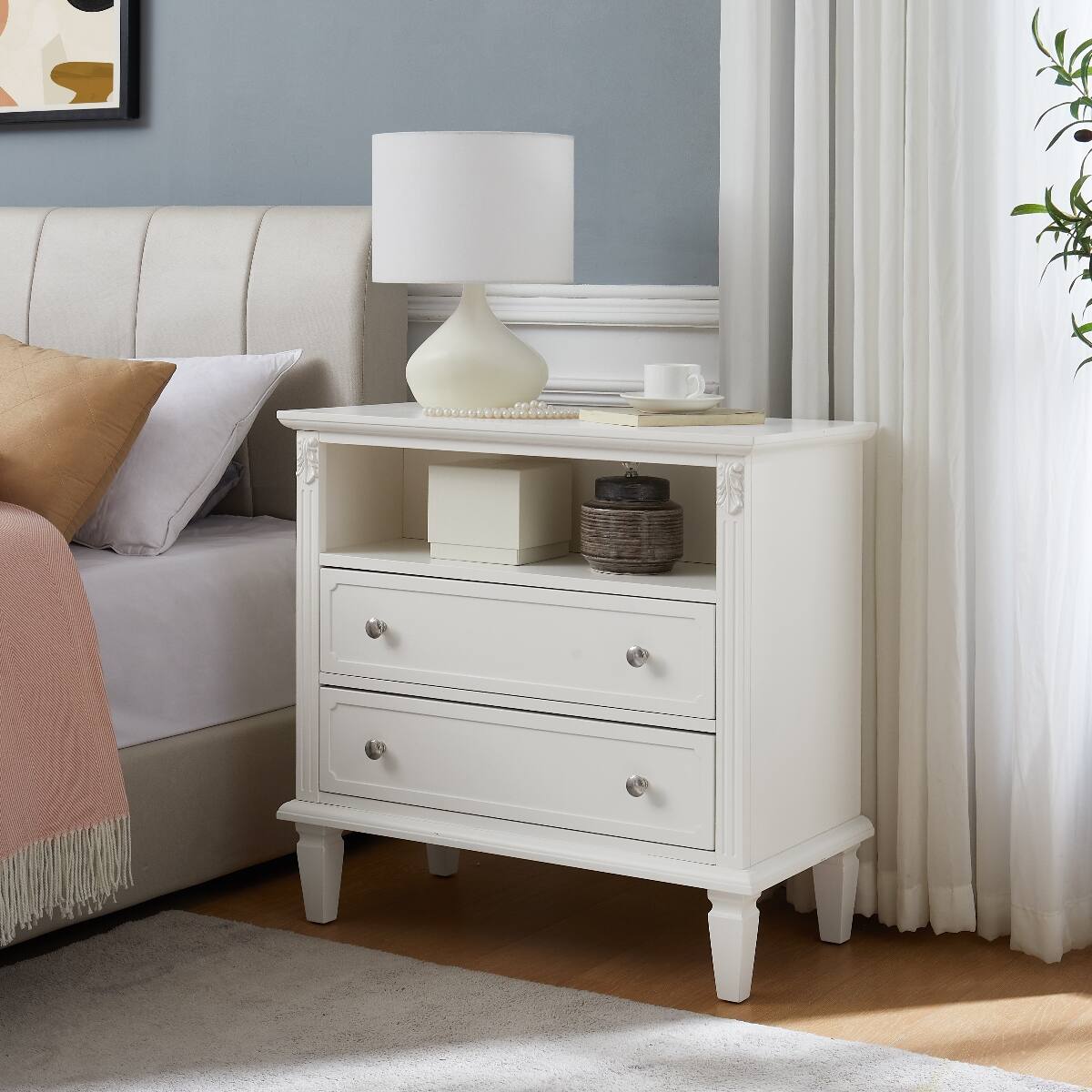 Back. Loheer - Loheer White Nightstand with Charging Station, Two Drawers and Open Shelf, Solid Wood Legs - White.
