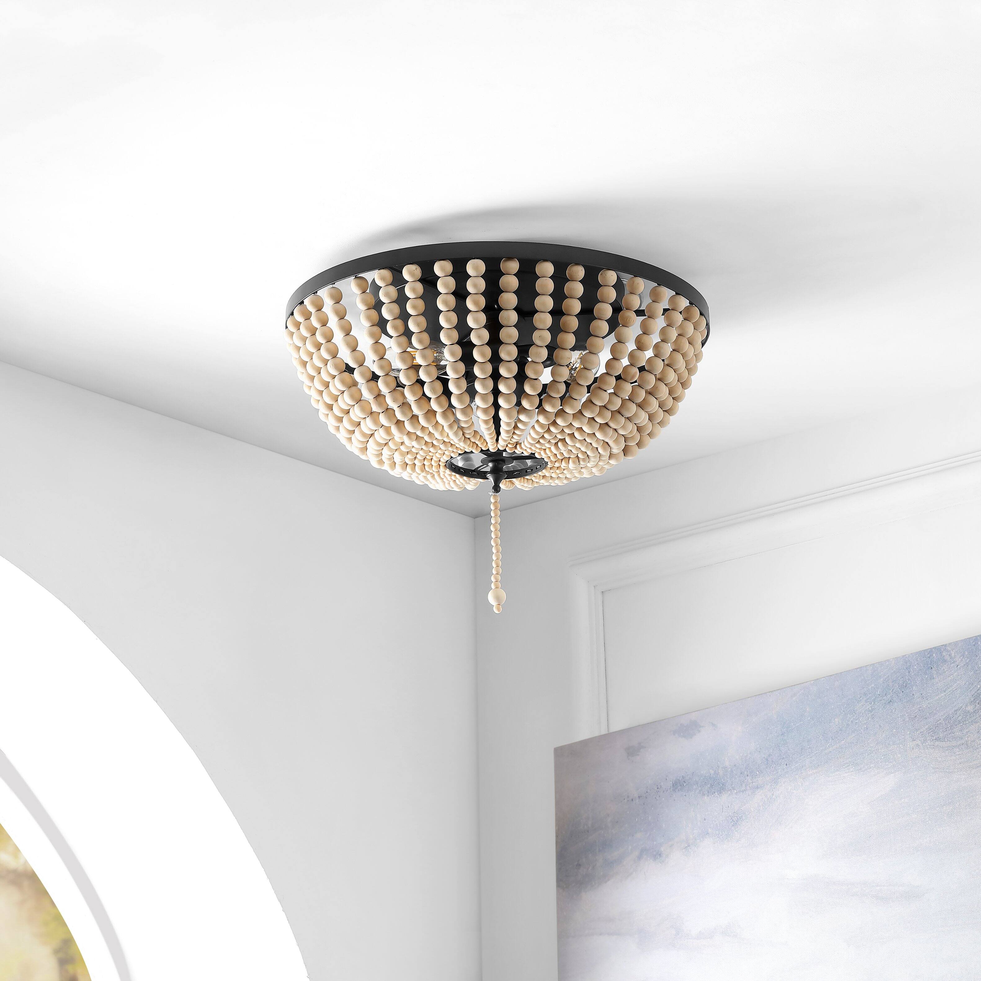 Alt View 4. Jonathan Y - Allison 15" 3-Light Shabby Chic Farmhouse Wood Beaded/Metal LED Flush Mount, Oil Rubbed Bronze/Cream - Oil Rubbed Bronze/Cream.