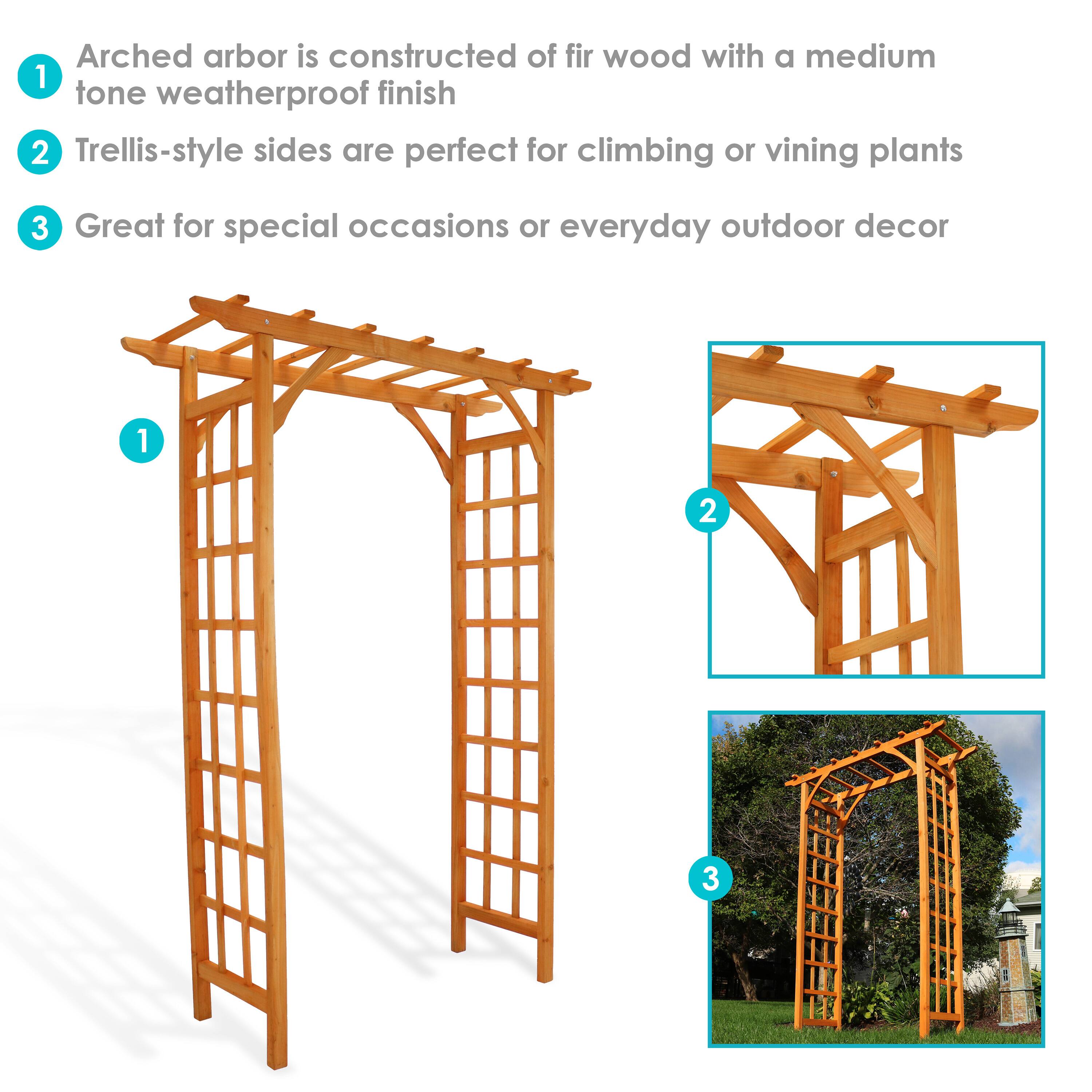 1. Arched arbor is constructed of fir wood with a medium tone weatherproof finish.
2. Trellis-style sides are perfect for climbing or vining plants.
3. Great for special occasions or everyday outdoor decor.