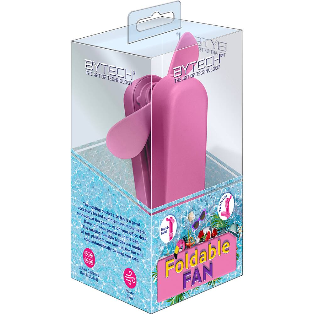 BYTECH THE ART OF TECHNOLOGY

The Folding pocket-size fan is a great accessory for hot summer days at the beach, outdoors, or in your office desk. Keep it in your pocket or bag. The soft plastic foldable blades are made to automatically stop if you touch it, the fan will keep you safe.

Foldable FAN

2 AAA Batteries (Not Included)

Strong Flow