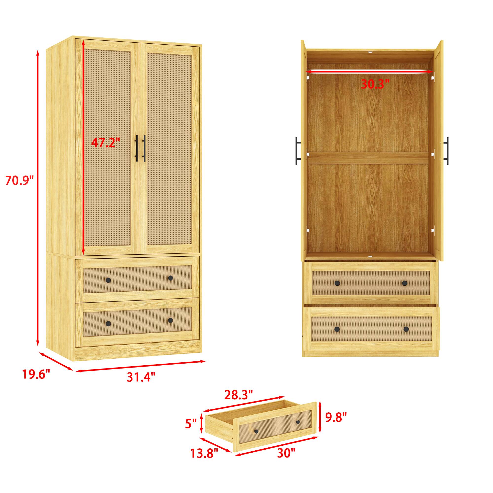 - Height: 70.9"
- Width: 31.4"
- Depth: 19.6"
- Door Height: 47.2"
- Drawer Height: 5"
- Drawer Width: 30"
- Drawer Depth: 9.8"
- Shelf Height: 30.3"
- Shelf Width: 28.3"
- Shelf Depth: 13.8"