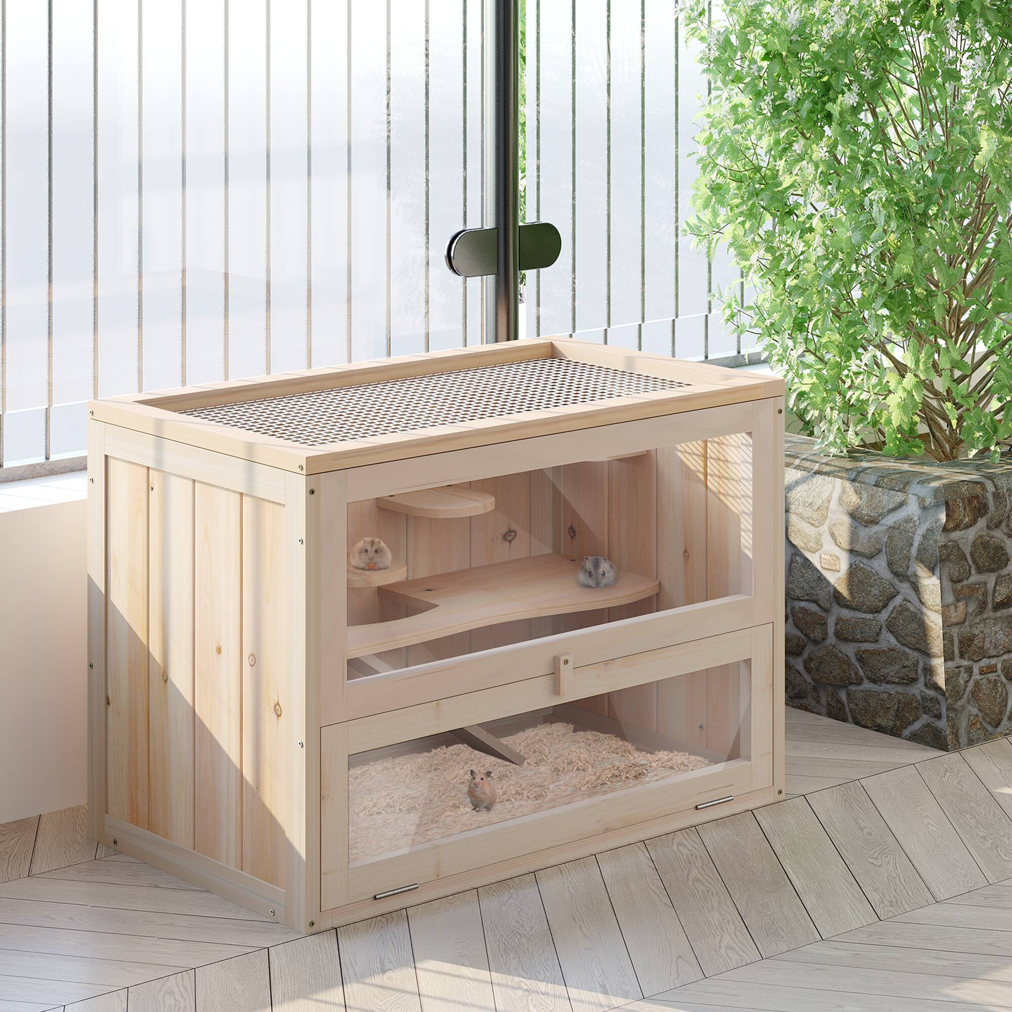 Alt View 1. Pawhut - 2-Level Hamster Cage Mice and Rat House, Guinea Pigs, Chinchillas with Openable Top, Front Door, Shelf, Ladder.