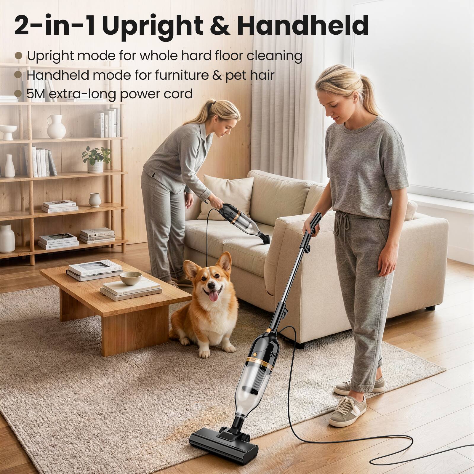 2-in-1 Upright & Handheld

- Upright mode for whole hard floor cleaning
- Handheld mode for furniture & pet hair
- 5M extra-long power cord