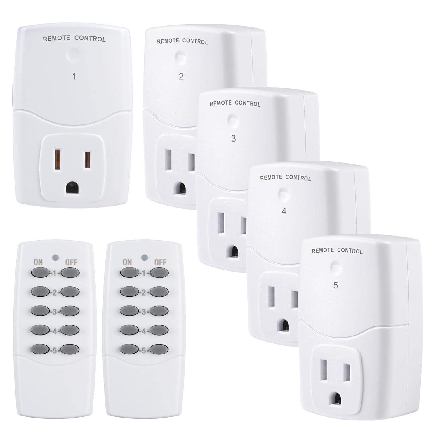 BN-LINK - Mini Wireless Remote Control Outlet Switch for Appliances, LED Bulbs, (2 Remotes + 5 Outlets), 1250W/10A - White