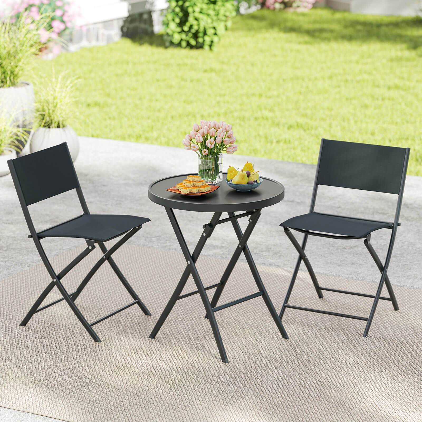 Alt View 3. Costway - Costway 3 PCS Folding Patio Bistro Set with Tempered Glass Coffee Table & 2 Patio Chairs - Black.