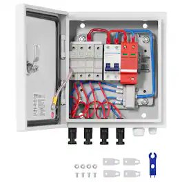VEVOR - PV Combiner Box, 4 String, Solar Combiner Box with 15A Rated Current Fuse 63A Circuit Breaker Lightning Arrester - Gray
