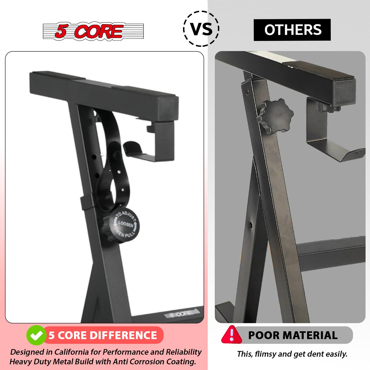 5 CORE vs OTHERS

5 CORE DIFFERENCE
Designed in California for Performance and Reliability
Heavy Duty Metal Build with Anti Corrosion Coating.

POOR MATERIAL
This, flimsy and get dent easily.