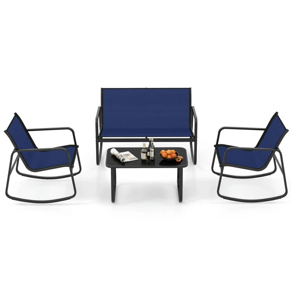 Pefilos- 4 Piece Backyard Patio Rocking Set with Glass-Top Table, Backyard Patio Conversation Set for Outdoor as Garden, Yard- Black