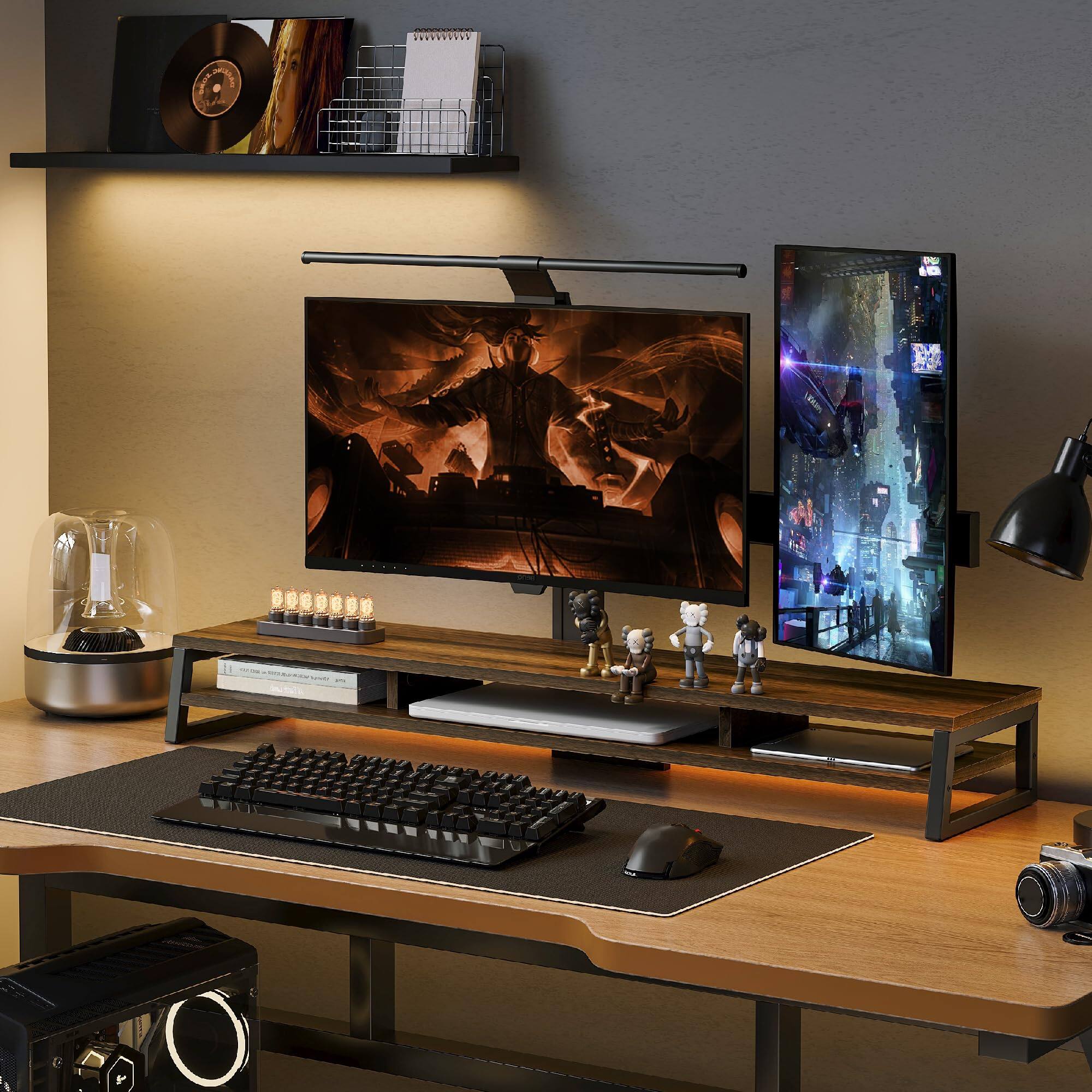 Alt View 6. Cedar Assembly - Dual Monitor Stand For Desk 42.5in Large Riser 2 Monitors 2 Tier Computer Office Top Shelf Desktop Storage - Oak.