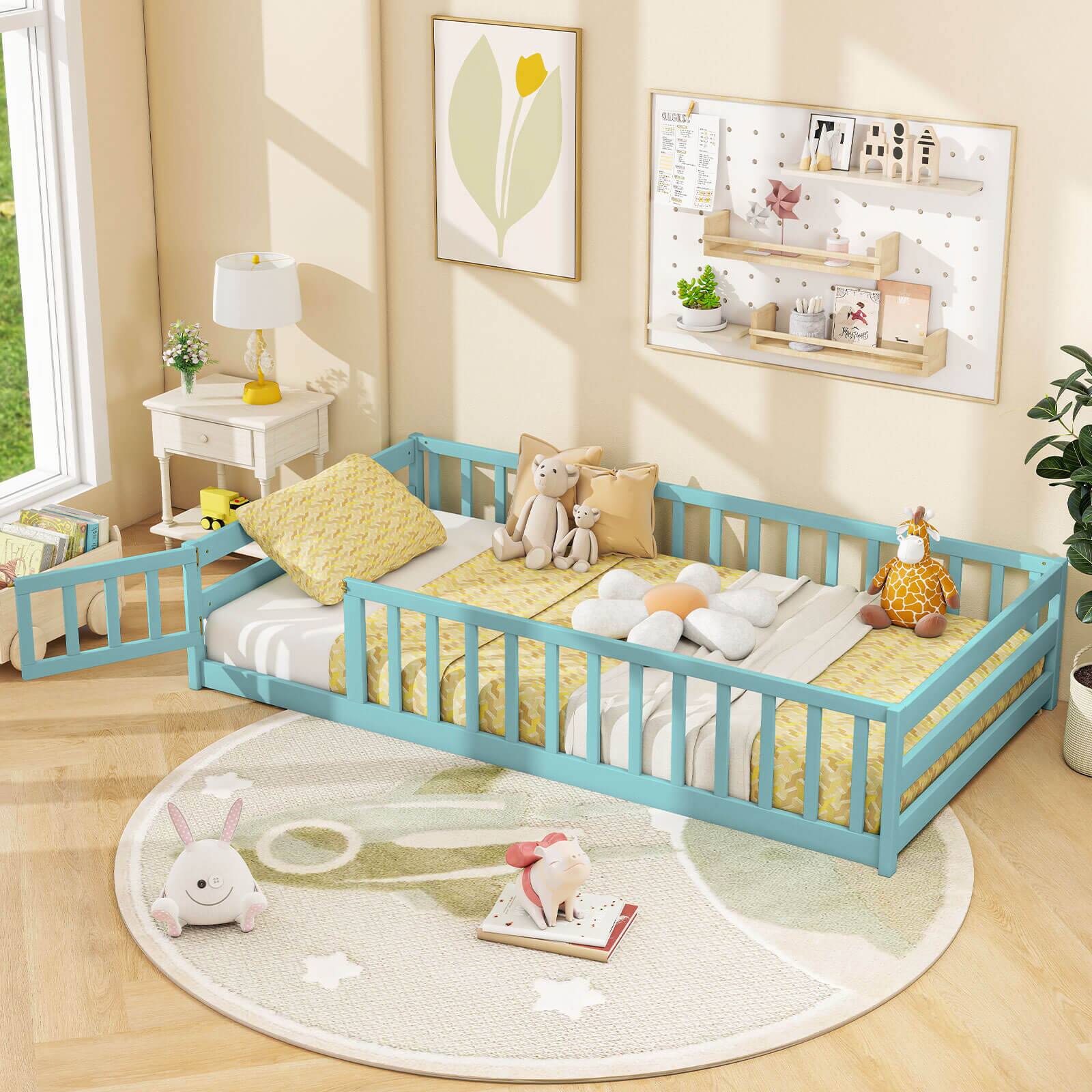 Alt View 3. Costway - Costway Twin Size Wooden Floor Bed with Full Length Safety Guardrails Door & Latch - Icy Aqua.