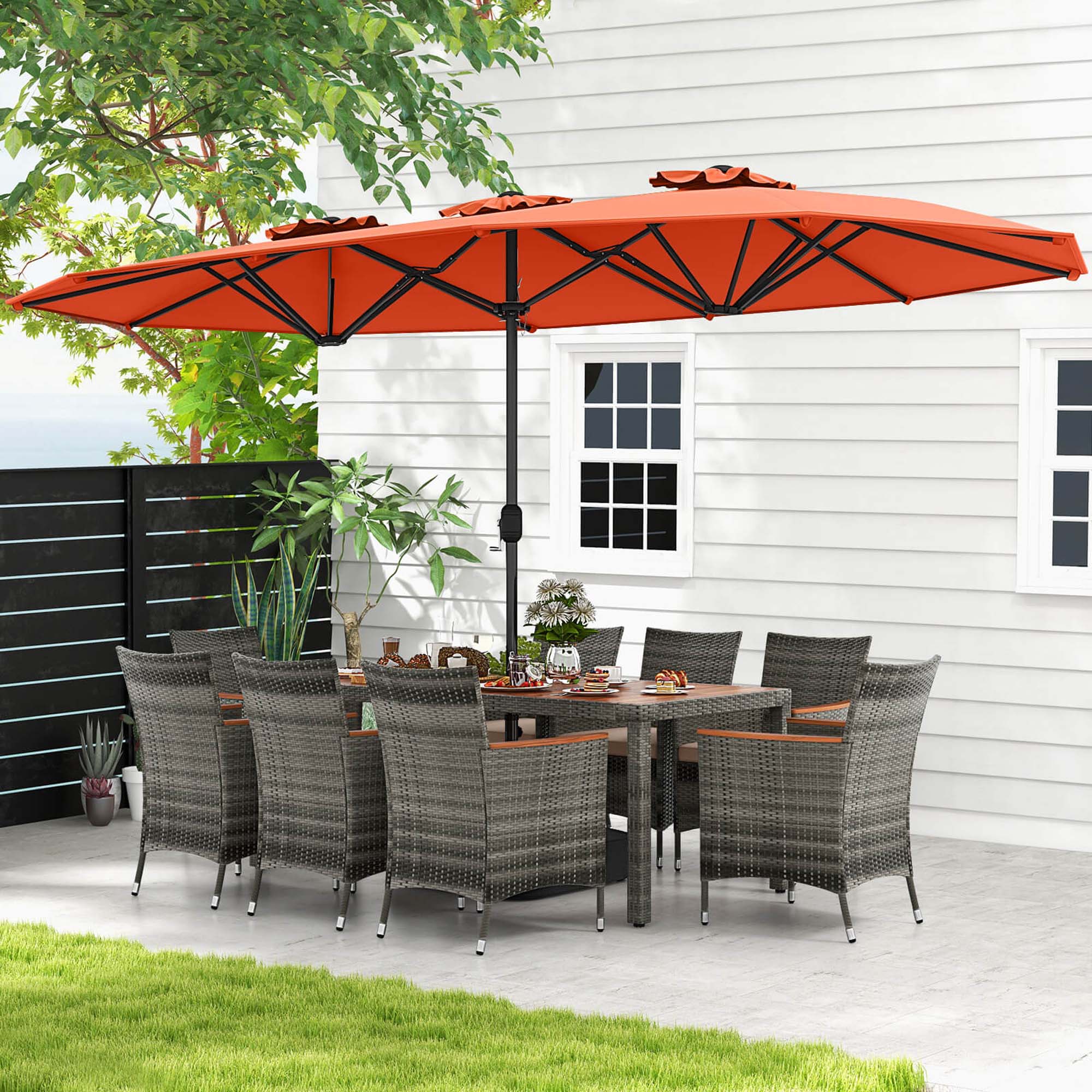 Alt View 4. Costway - 10 Pieces Patio Wicker Dining Set with Double-Sided Patio Umbrella 8 Armchairs - Orange,Mix Brown.