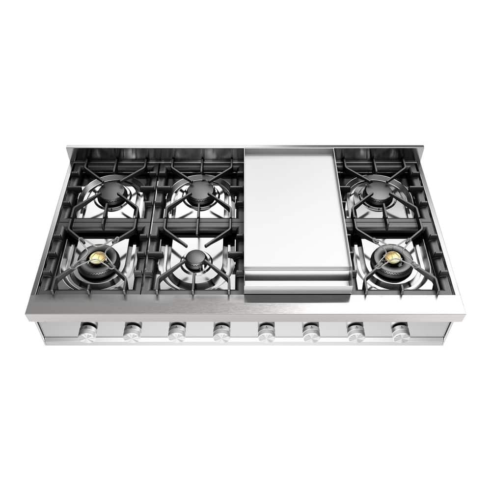 ILVE - Professional Plus II Series 48 in. Gas Rangetop with 8 Sealed Burners + Griddle (Natural Gas, Satin Trim) - Stainless Steel