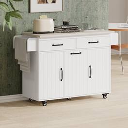 Whisen - Kitchen Island with Trash Can, Storage Cabinet, and Drop Leaf for Kitchen and Dining Room - White