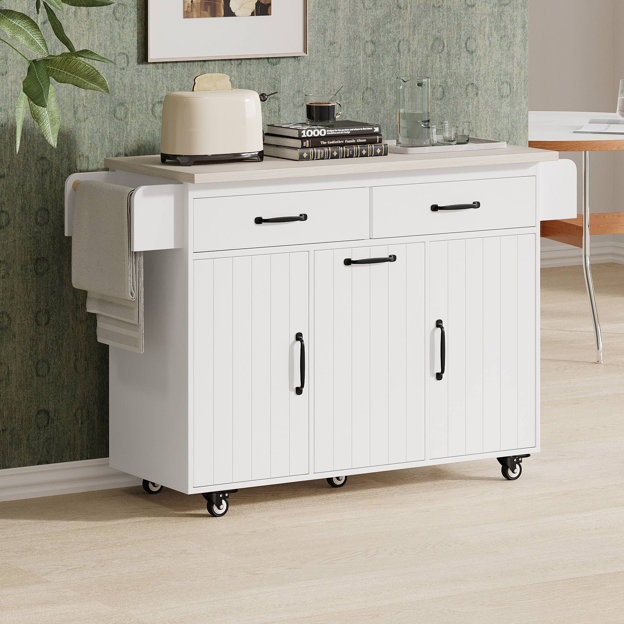 Alt View 1. Ecooso - Kitchen Island with Trash Storage, Drop Leaf, and Rolling Wheels - White, Oak.