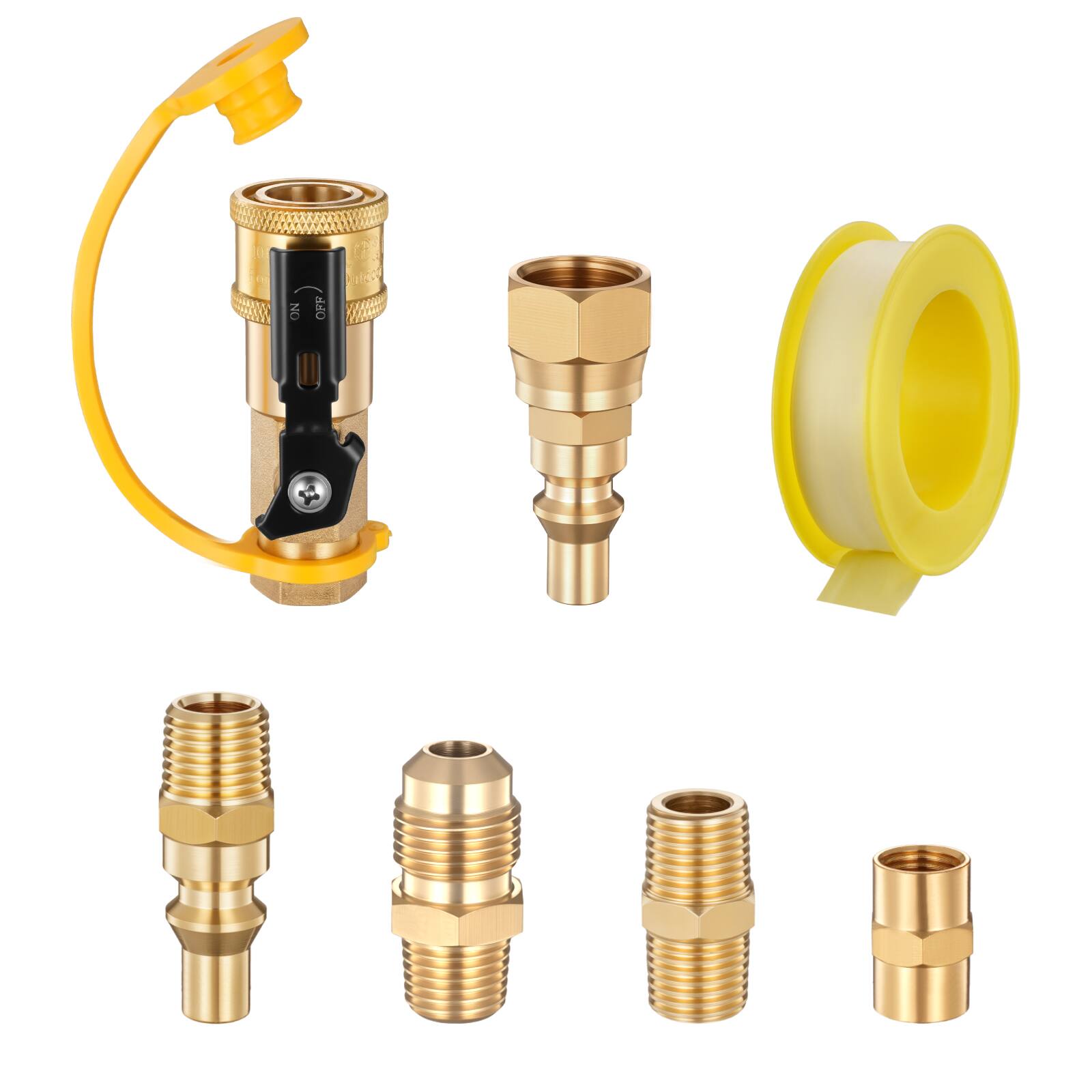 Front. VEVOR - RV Propane Quick Connect Fitting Adapter Valve,7 Pieces,1/4-Inch Male NPT Full Flow Plug & 3/8-Inch Male Flare Quick Kit - Yellow.