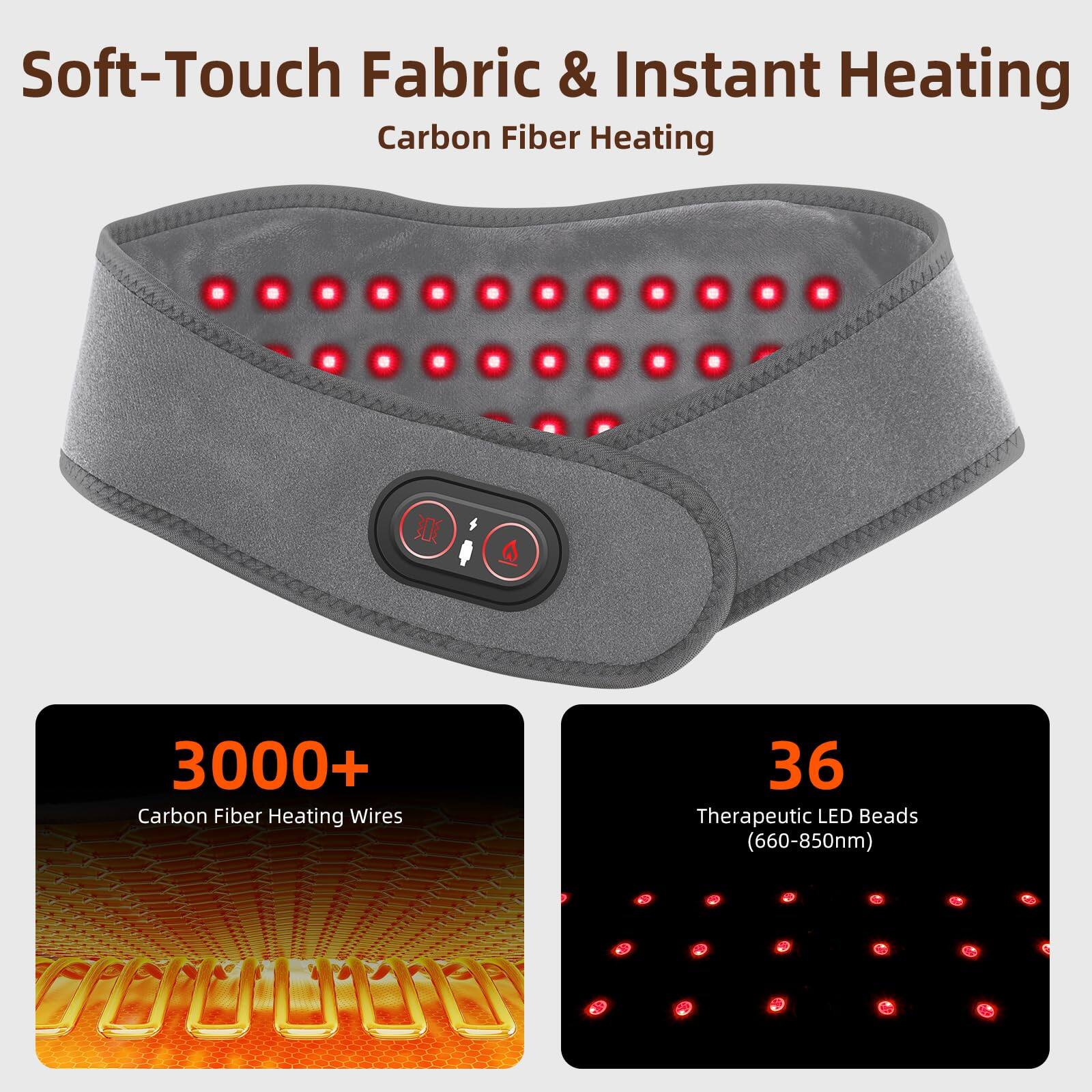 Soft-Touch Fabric & Instant Heating  
Carbon Fiber Heating  

3000+ Carbon Fiber Heating Wires  

36 Therapeutic LED Beads (660-850nm)