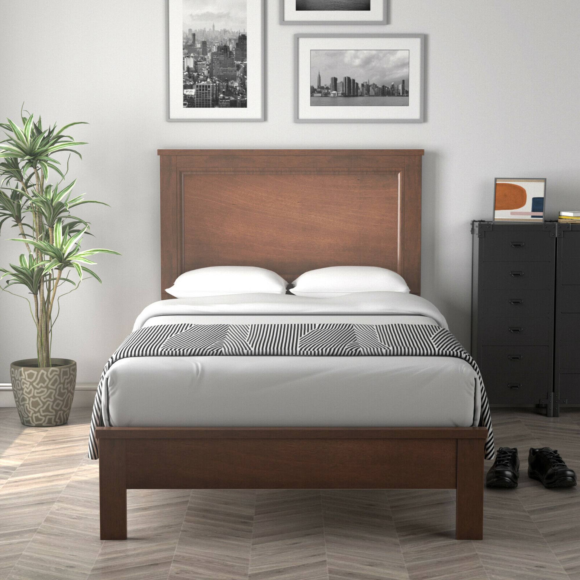 Back. Costway - Costway Twin Size Bed Frame Platform Slat High Headboard Bedroom Rubber Wood Leg Walnut - Walnut.