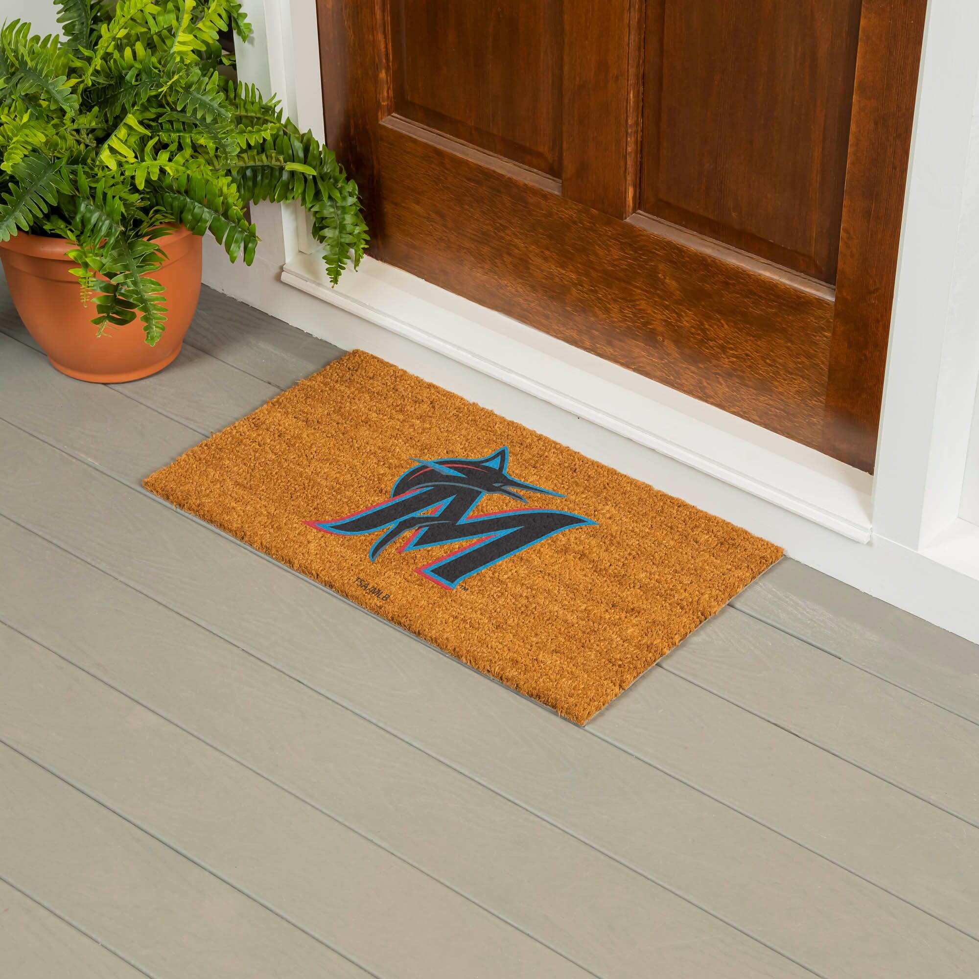 Alt View 1. Evergreen Enterprises - Miami Marlins 28" x 16" Primary Logo Coir Mat - Multicolor.