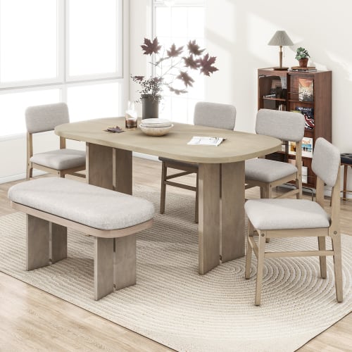 LUCKY ONE - 6-Piece Farmhouse Dining Set with 65.25" Rectangular Dining Table, Bench and 4 Upholstered Chairs - Natural
