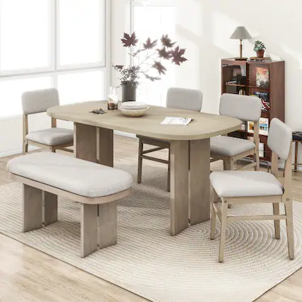 Front. LUCKY ONE - 6-Piece Farmhouse Dining Set with 65.25" Rectangular Dining Table, Bench and 4 Upholstered Chairs - Natural.