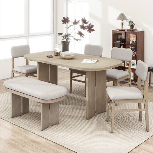 Front. LUCKY ONE - 6-Piece Farmhouse Dining Set with 65.25" Rectangular Dining Table, Bench and 4 Upholstered Chairs - Natural.