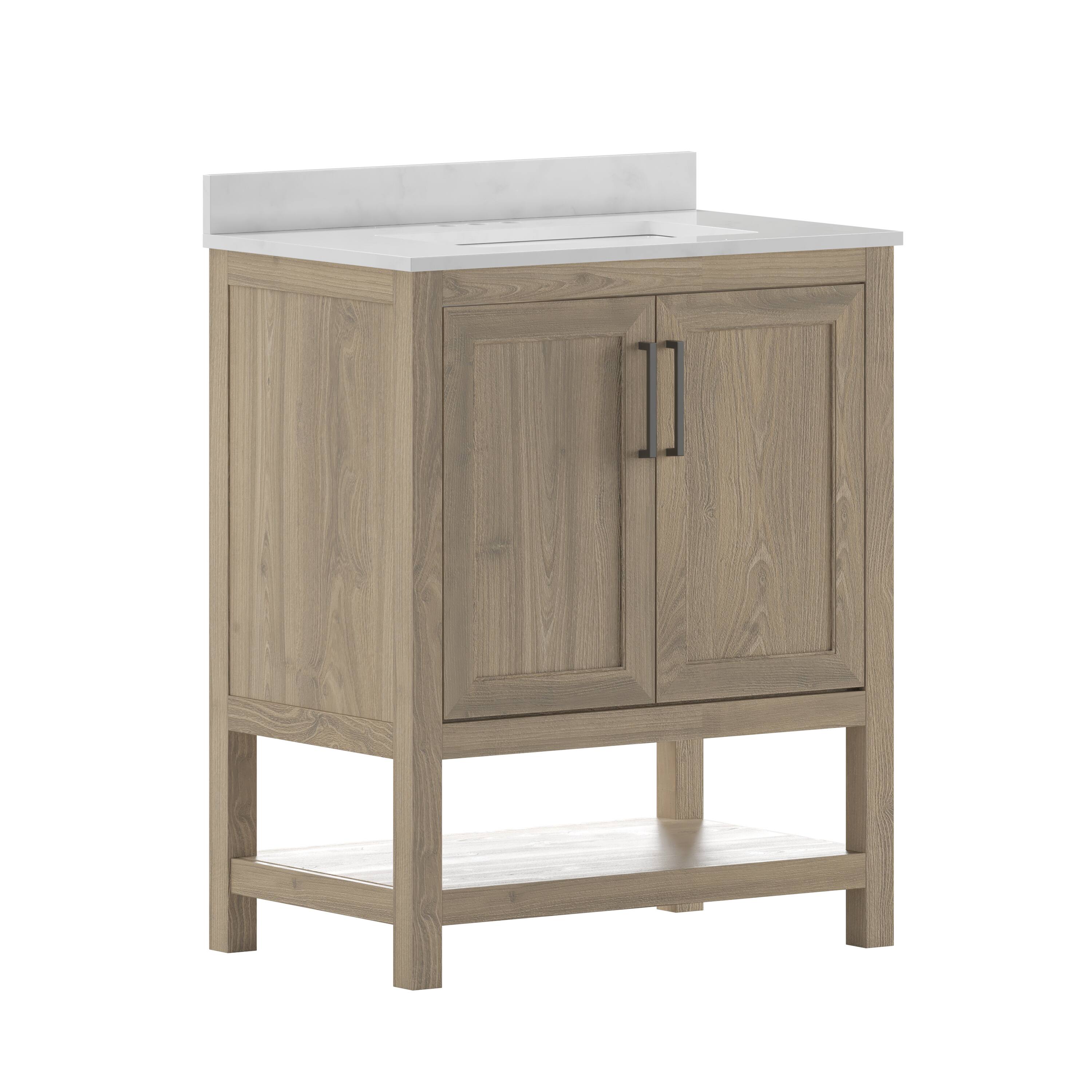 Alt View 1. Emma + Oliver - Vesta Bathroom Vanity, Single Sink Cabinet with 2 Soft Close Doors and Open Shelf, Carrara Marble Finish Countertop - Brown.