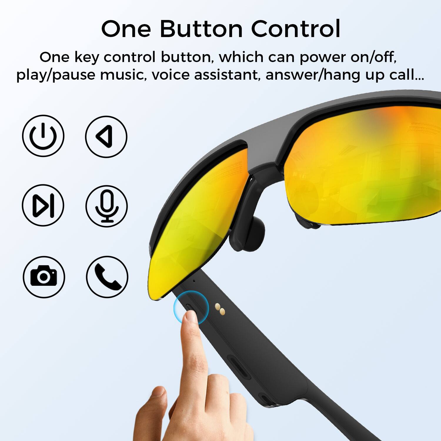 One Button Control

One key control button, which can power on/off, play/pause music, voice assistant, answer/hang up call...