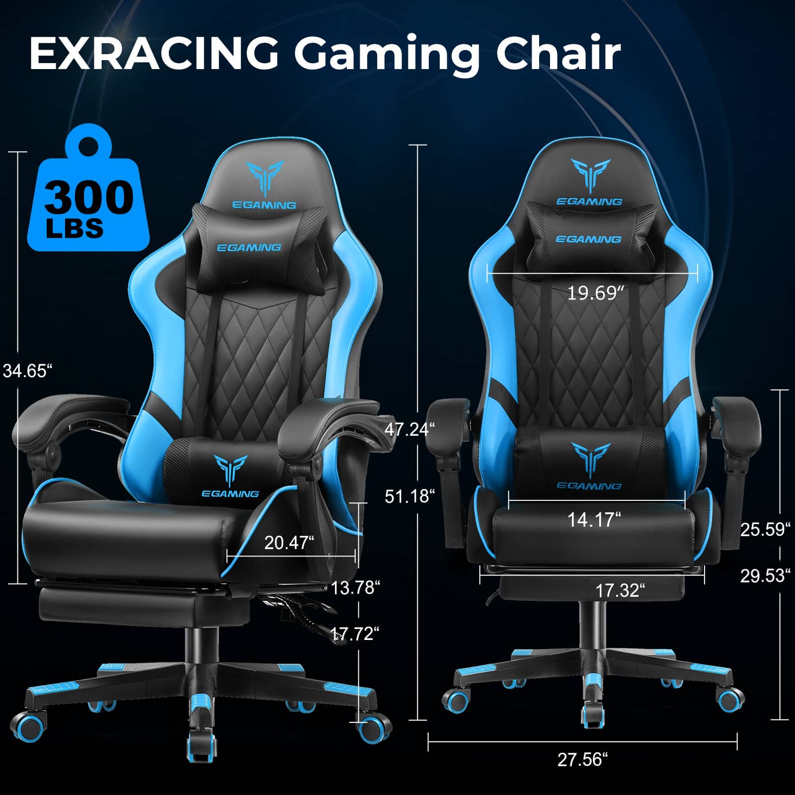 EXRACING Gaming Chair 300 LBS EGAMING EGAMING EGAMING EGAMING 19.69" 34.65" 47.24" EGAMING 20.47" 51.18" EGAMING 14.17" 25.59" 13.78" 17.32" 29.53" 17.72" 27.56"