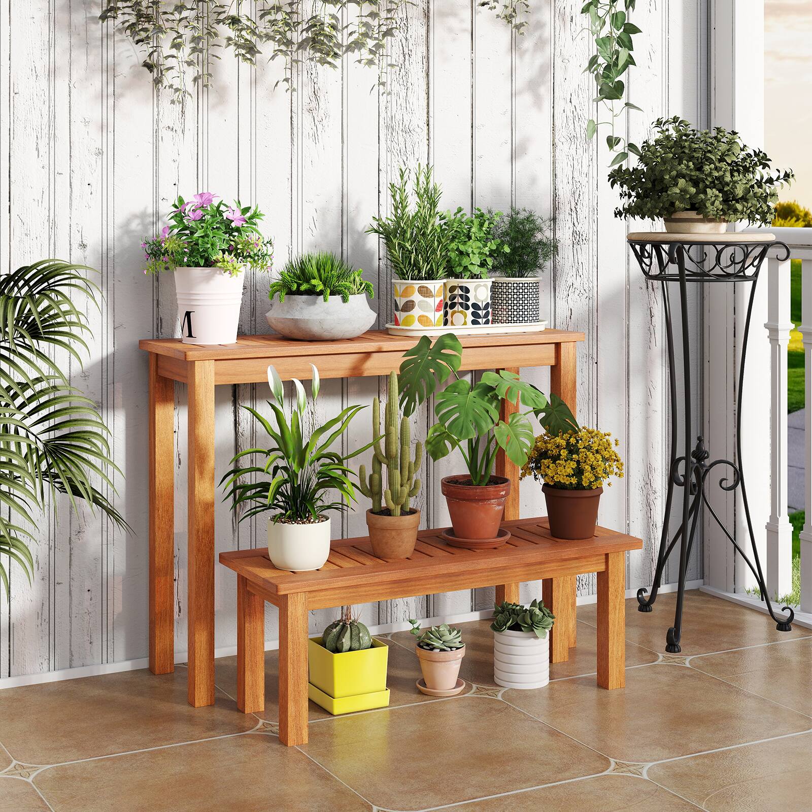 Alt View 1. Gymax - Gymax Wooden Plant Stand Set of 2 w/ Teak Oil Finish Slatted Top Rustic Plant Rack - Brown.