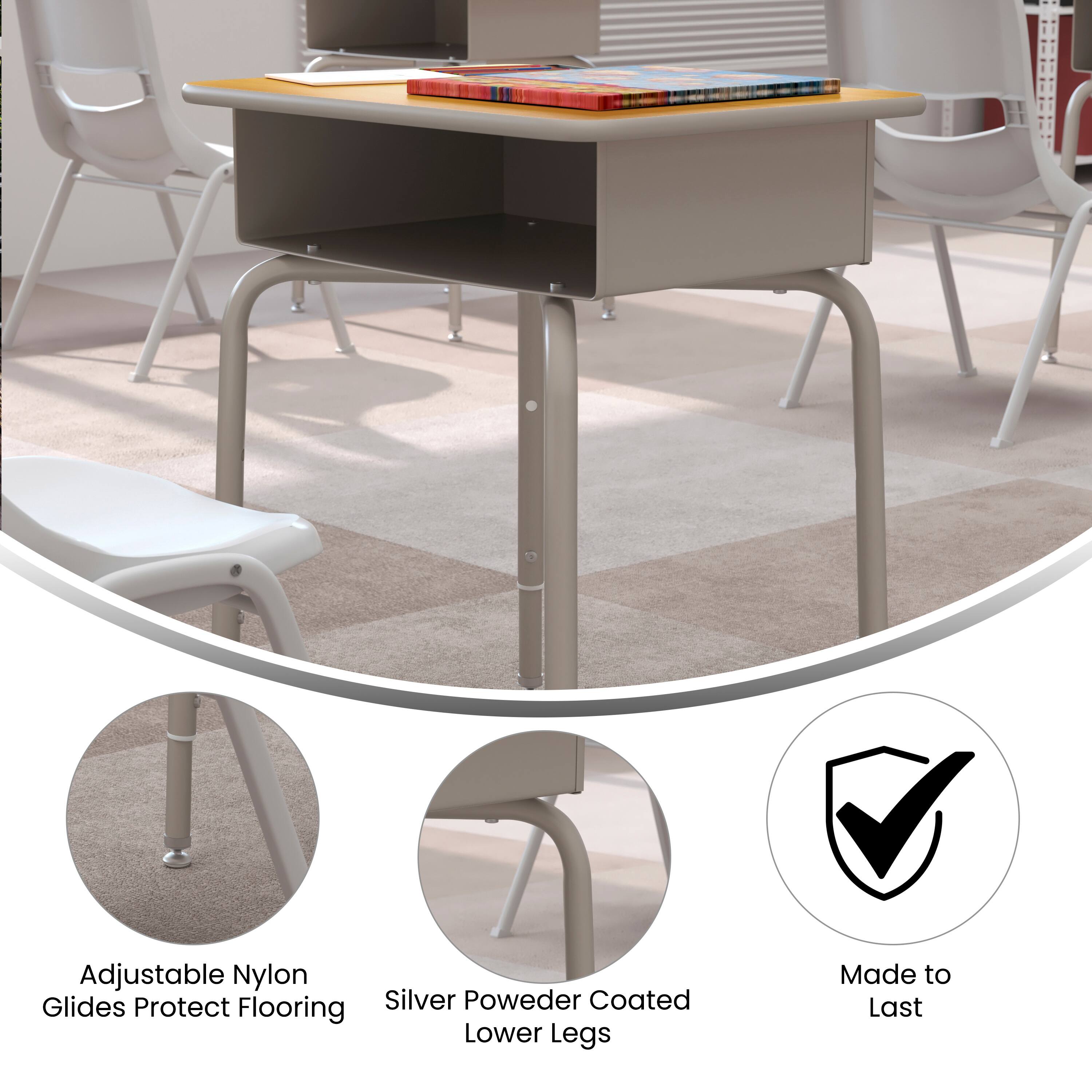 Adjustable Nylon Glides Protect Flooring  
Silver Powder Coated Lower Legs  
Made to Last