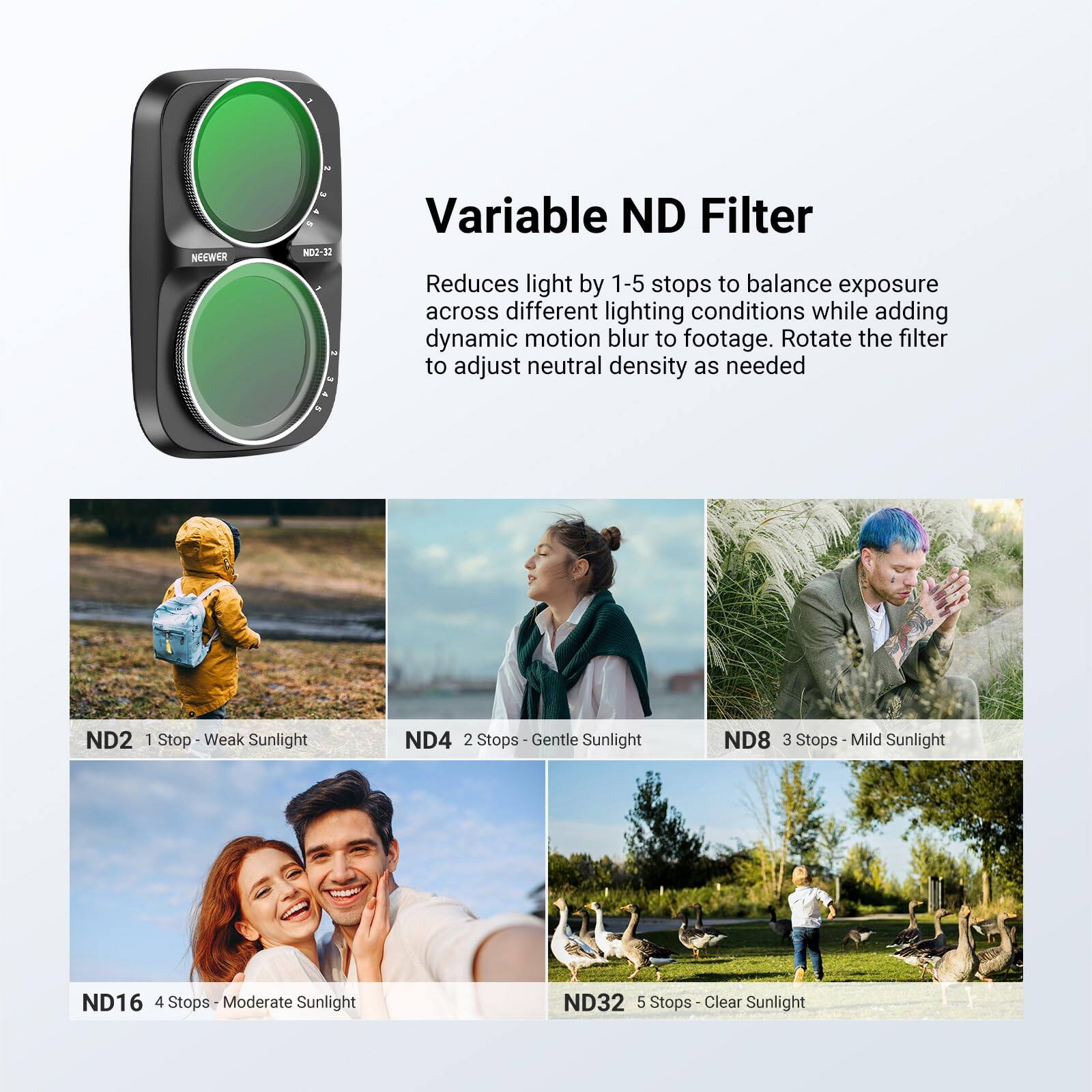 NEEWER  
C y NDQ-32  
Variable ND Filter  
Reduces light by 1-5 stops to balance exposure across different lighting conditions while adding dynamic motion blur to footage. Rotate the filter to adjust neutral density as needed  
ND2 1 Stop - Weak Sunlight  
ND4 2 Stops - Gentle Sunlight  
ND8 3 Stops - Mild Sunlight  
ND16 4 Stops - Moderate Sunlight  
ND32 5 Stops - Clear Sunlight